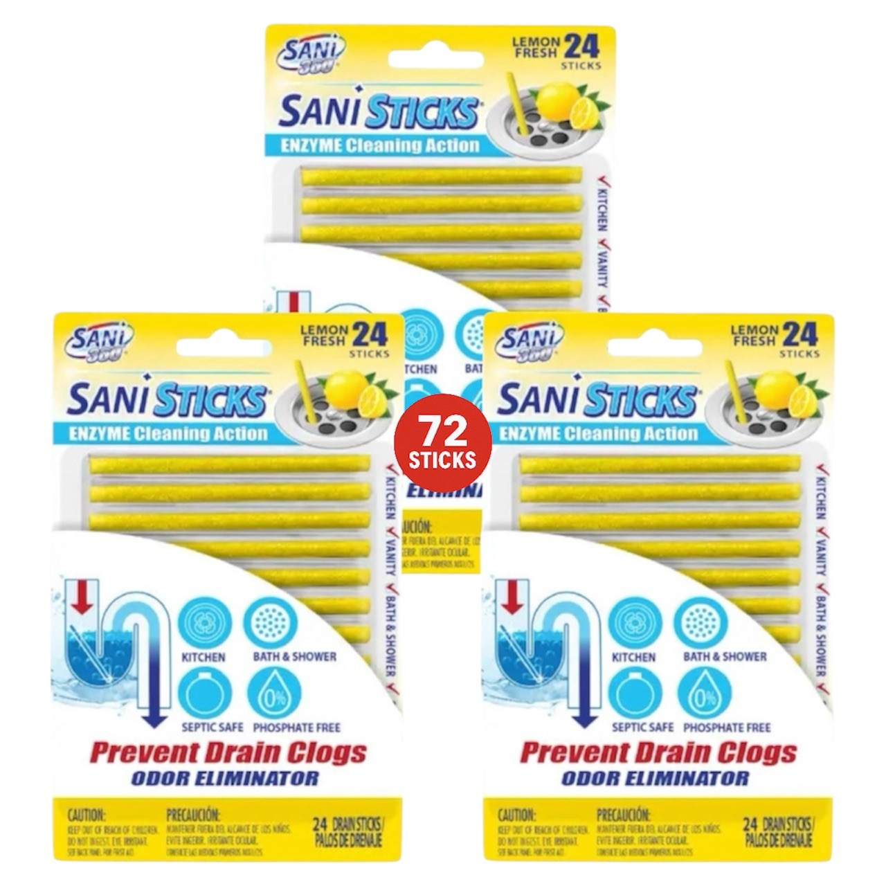 SANI 360° Sani Sticks Drain Cleaner and Deodorizer, Lemon Fresh Scent, 72 Count