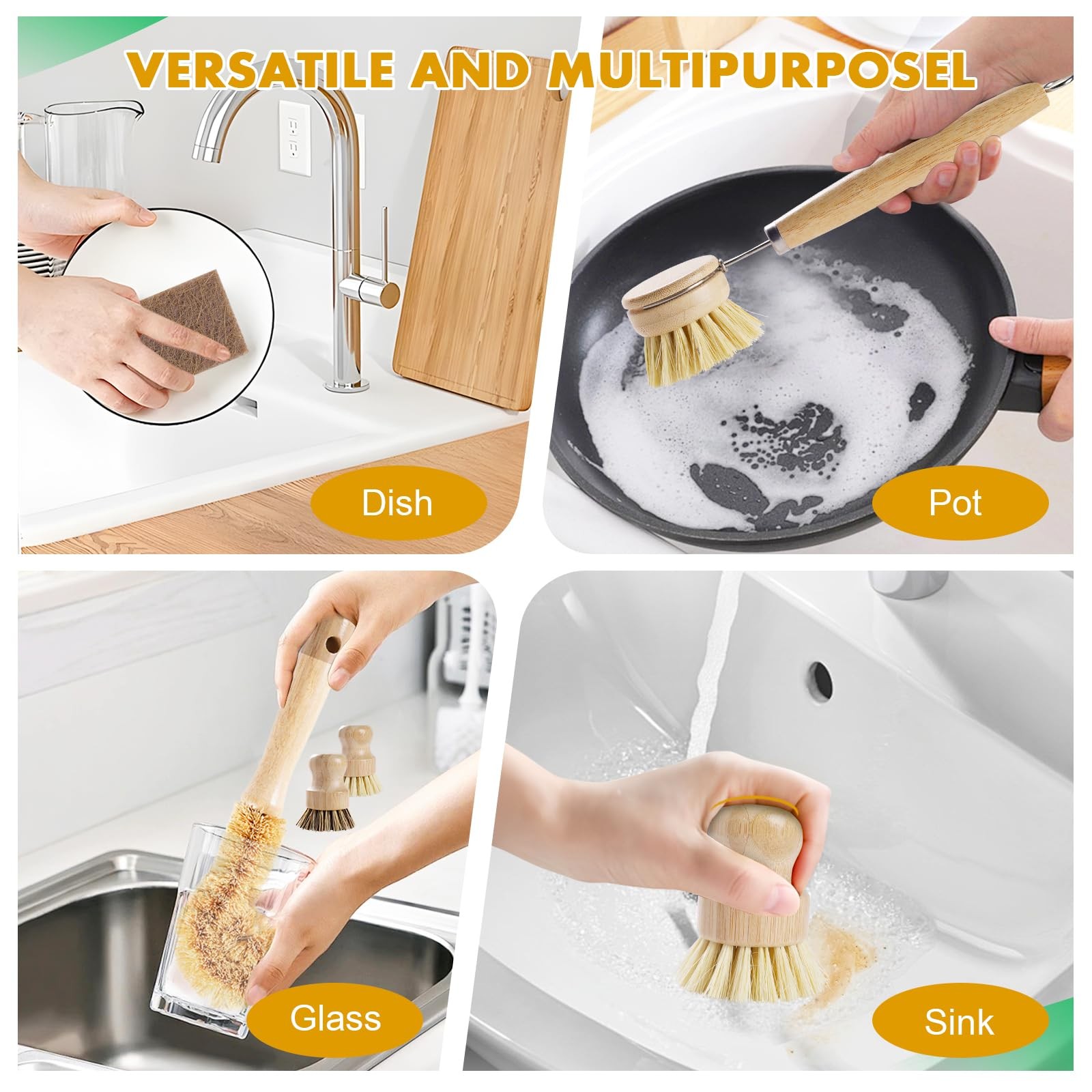 6Piece Bamboo Dish Brush Set with Coconut Sponge