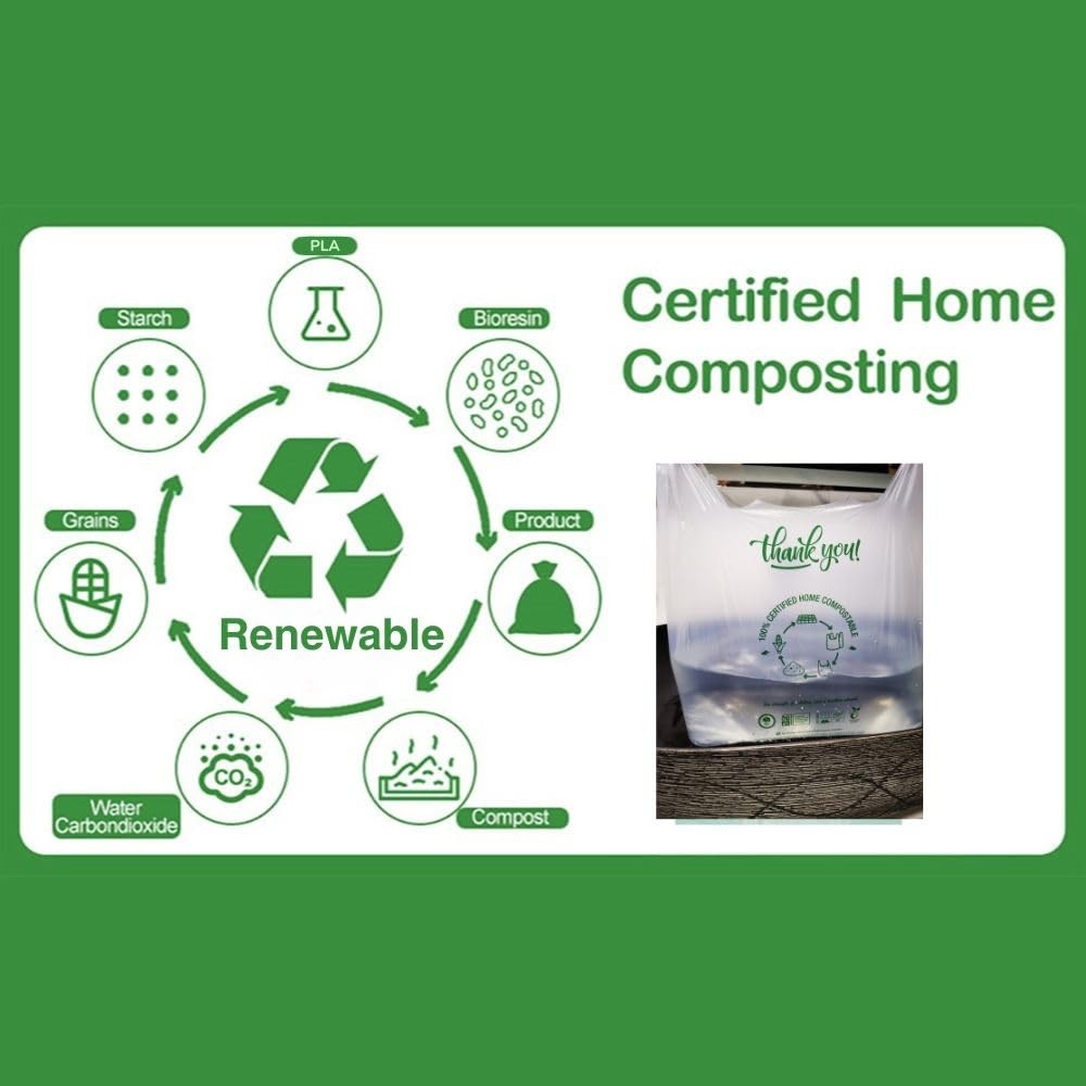 (Large) Certified Home Compostable Shopping Bags, 200ct, 12″x 6″ x 20″ (Extra…