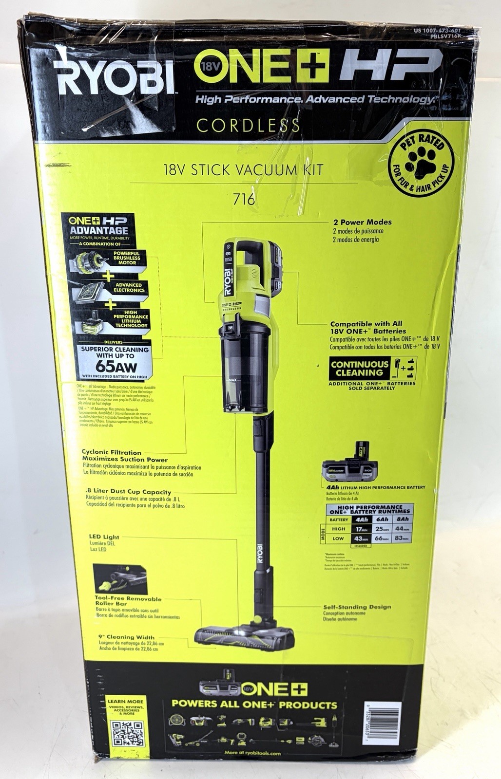 Ryobi One+ HP 18V Pet Stick Vacuum With 4 Ah Battery And Charger PBLSV716K