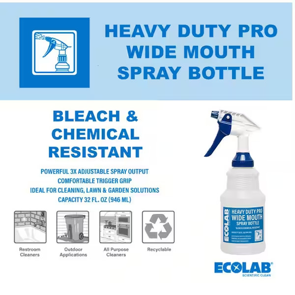32 Oz. Heavy-Duty Pro Wide Mouth Bleach Resistant Spray Bottle