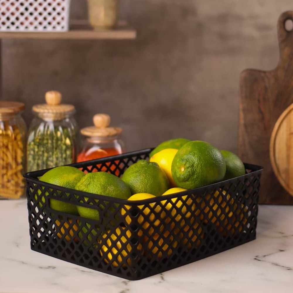 Medium Black Decorative Plastic Storage Basket, 14 in x 11.5 in x 5.3 in
