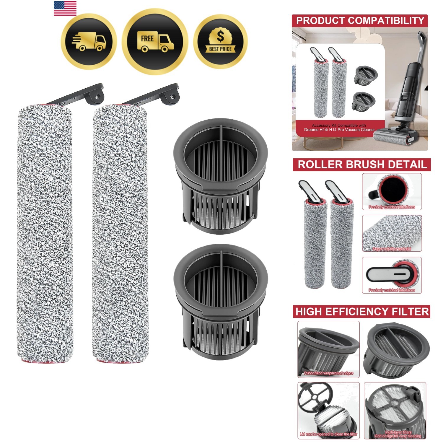 Brush Rollers and Filters Compatible with Dreame H14/H14 Pro Vacuum Cleaner |…