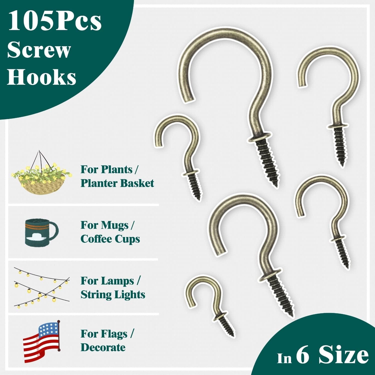 105 Pcs Screw Hooks, 6 Sizes Bronze Cup Hooks, Screw Hooks for Hanging, Metal…