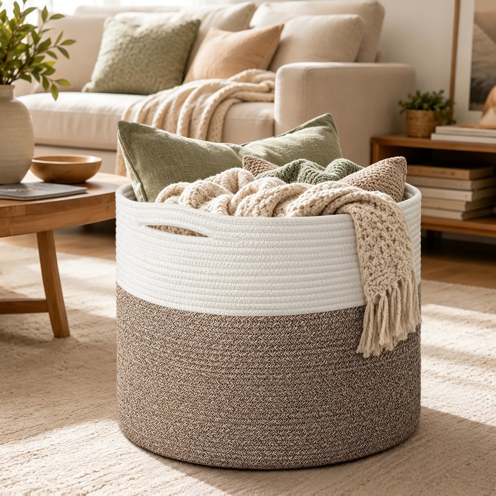 15.8 x 15.8 x 13.8 Inches Blanket Basket – Cotton Rope Baskets for Blankets &…