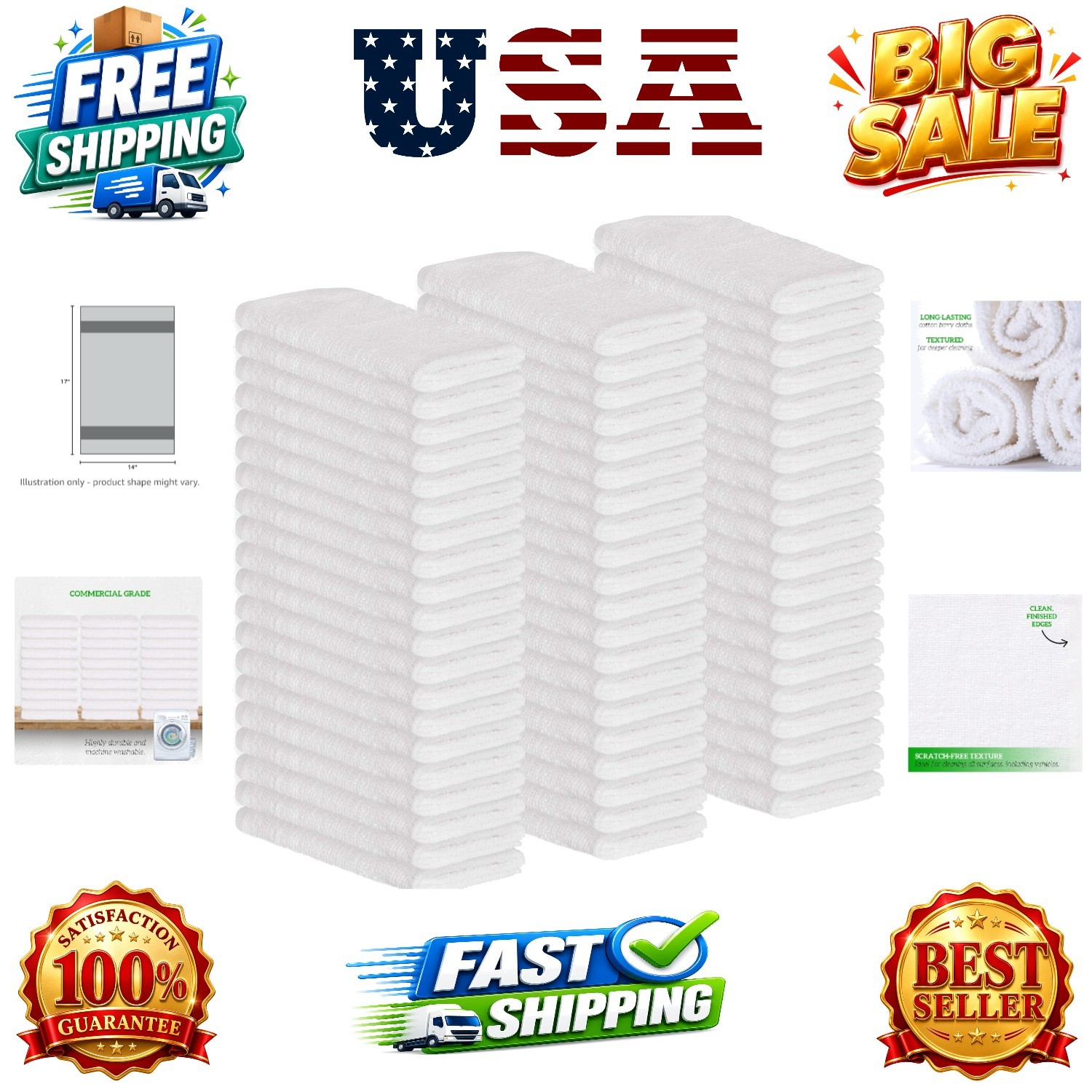 Cotton Wash Cloths 14″ x 17″ 50 Pack – Cleaning Rags, Bar Mop Towels, Absorbe…