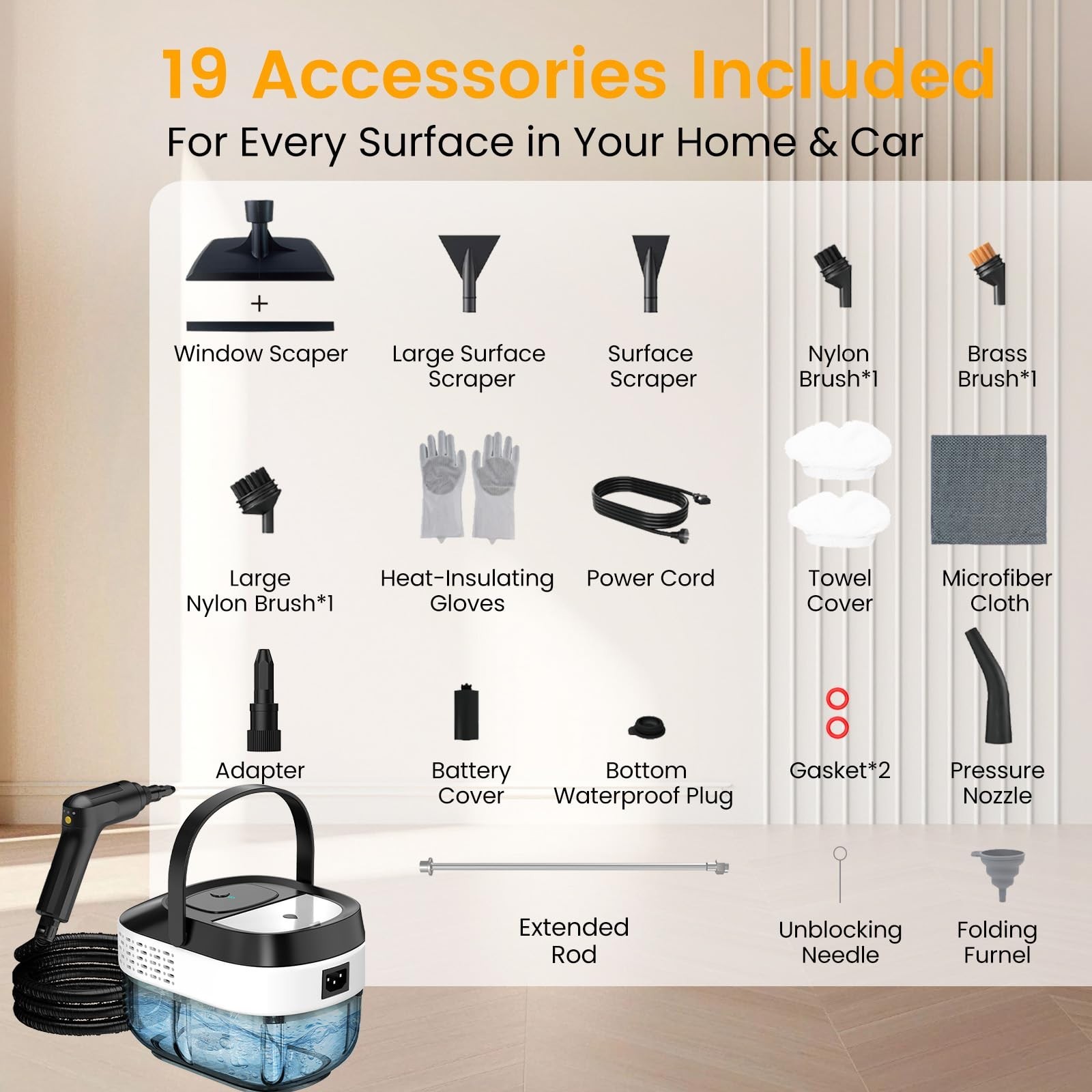 Powerful 2500W Handheld Steam Cleaner – 1.6L, 10s Heat-up, 19 Accessories, Chemi