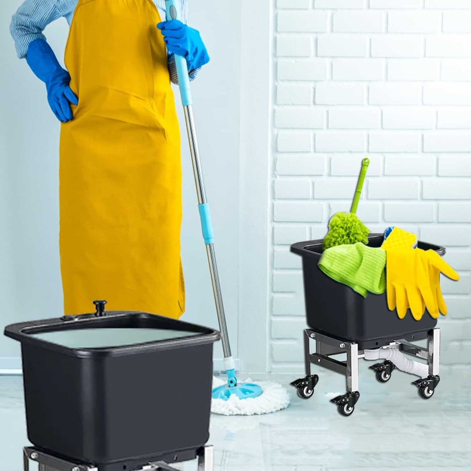 Freestanding Floor Commercial Mop Sink with Rollers, Plastic Mop Sink Service…