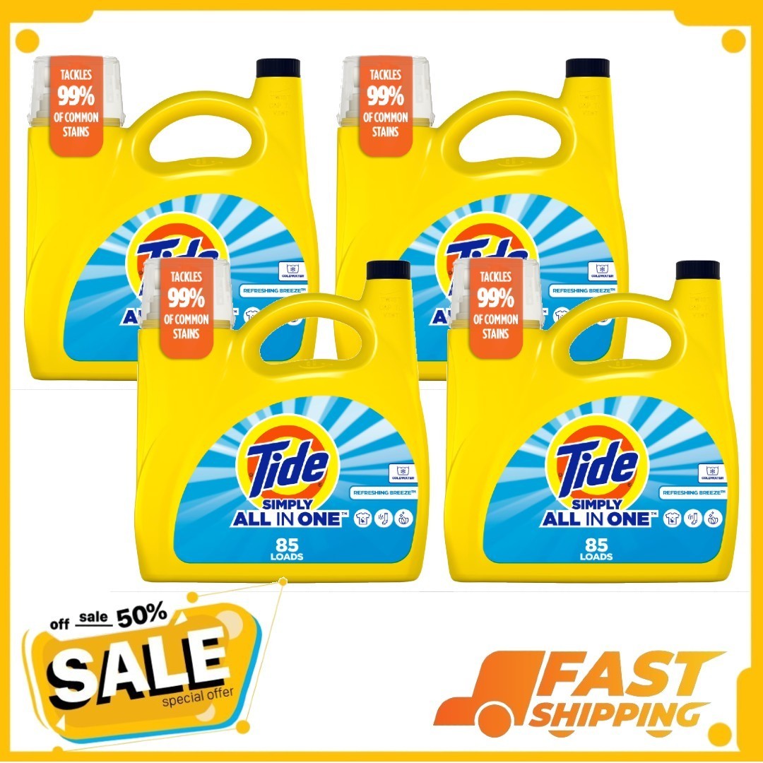 4P Tide Simply Laundry Detergent Liquid Refreshing Breeze Scent 85 Loads, 107 oz