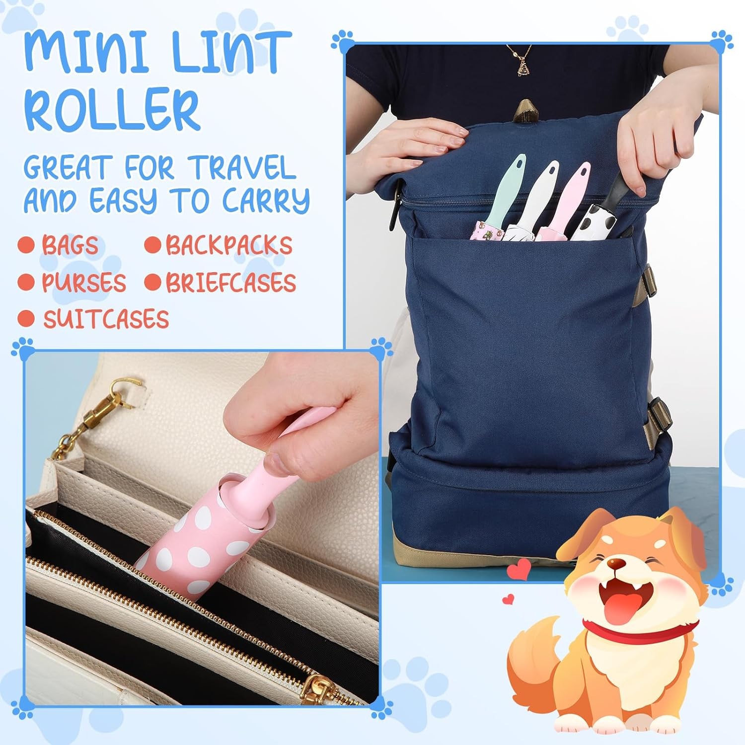 Hushee 60 Pcs Bulk Mini Lint Roller for Pet Hair and White, Blue, Black, Pink