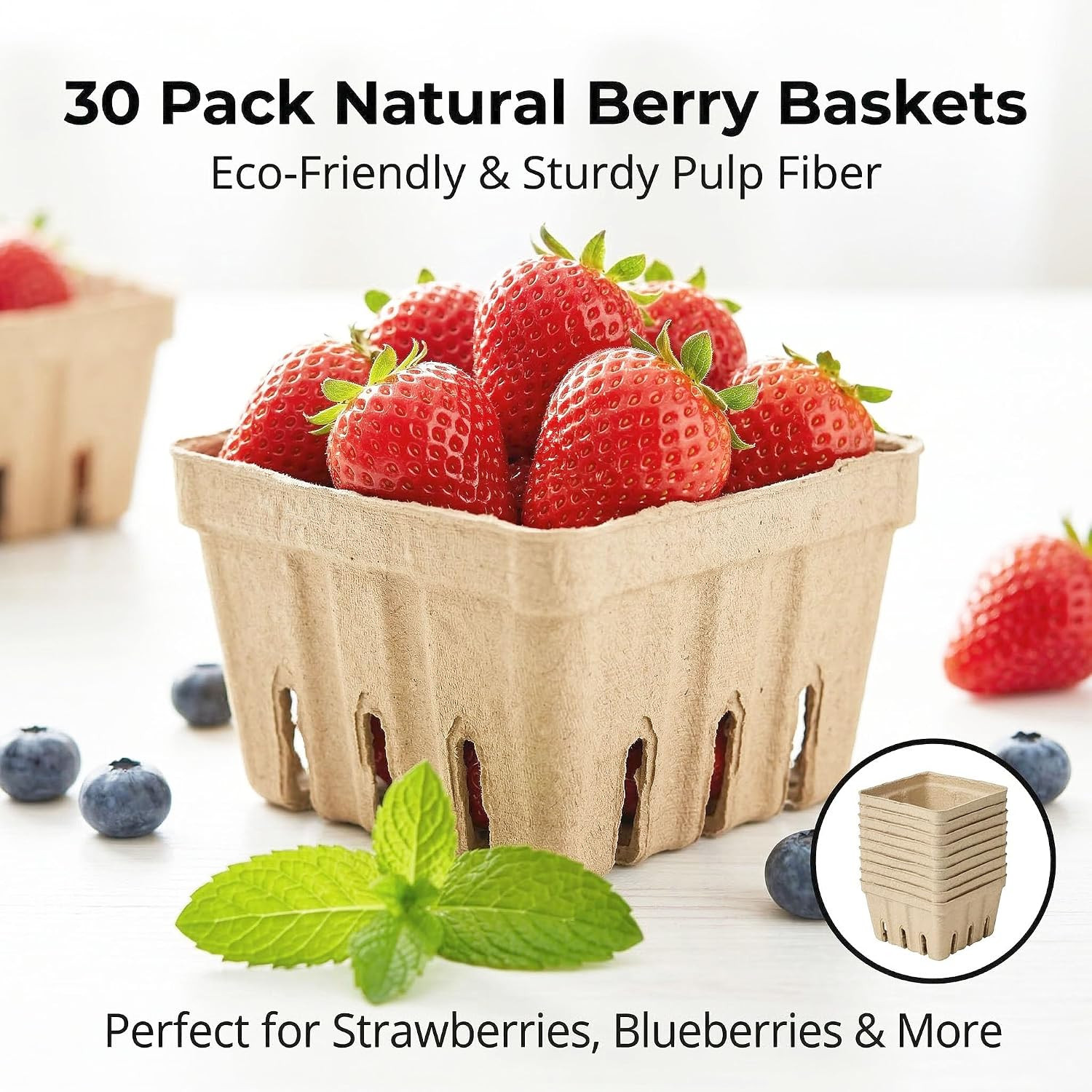 30 Pack Natural Fiber Berry Baskets Vented Produce Trays Fruit Vegetable Storage