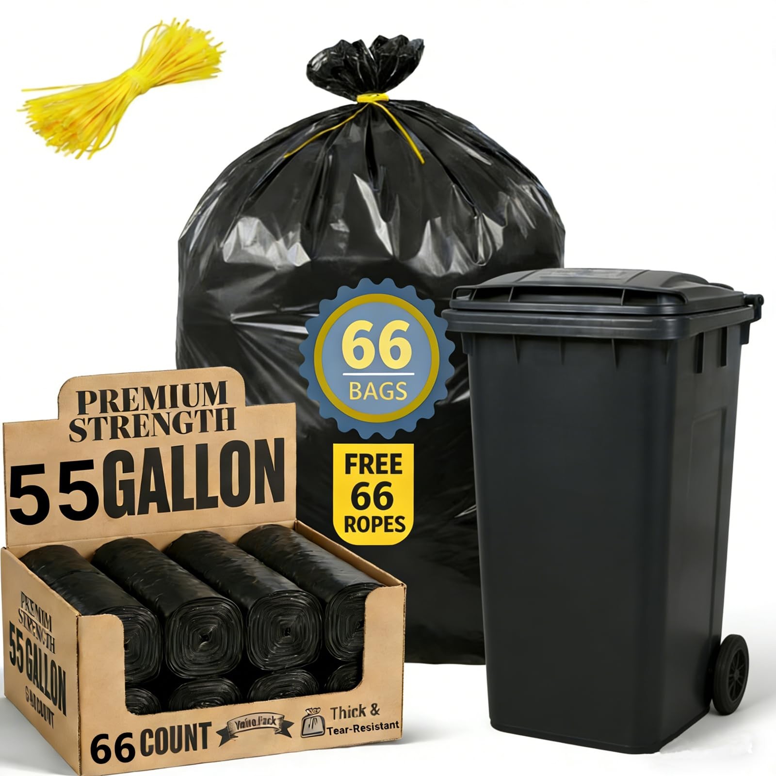 55 Gallon Trash Bag, 66 Count Garbage Trash Bags, 2.0 Mil Heavy Duty 40 x 47″…