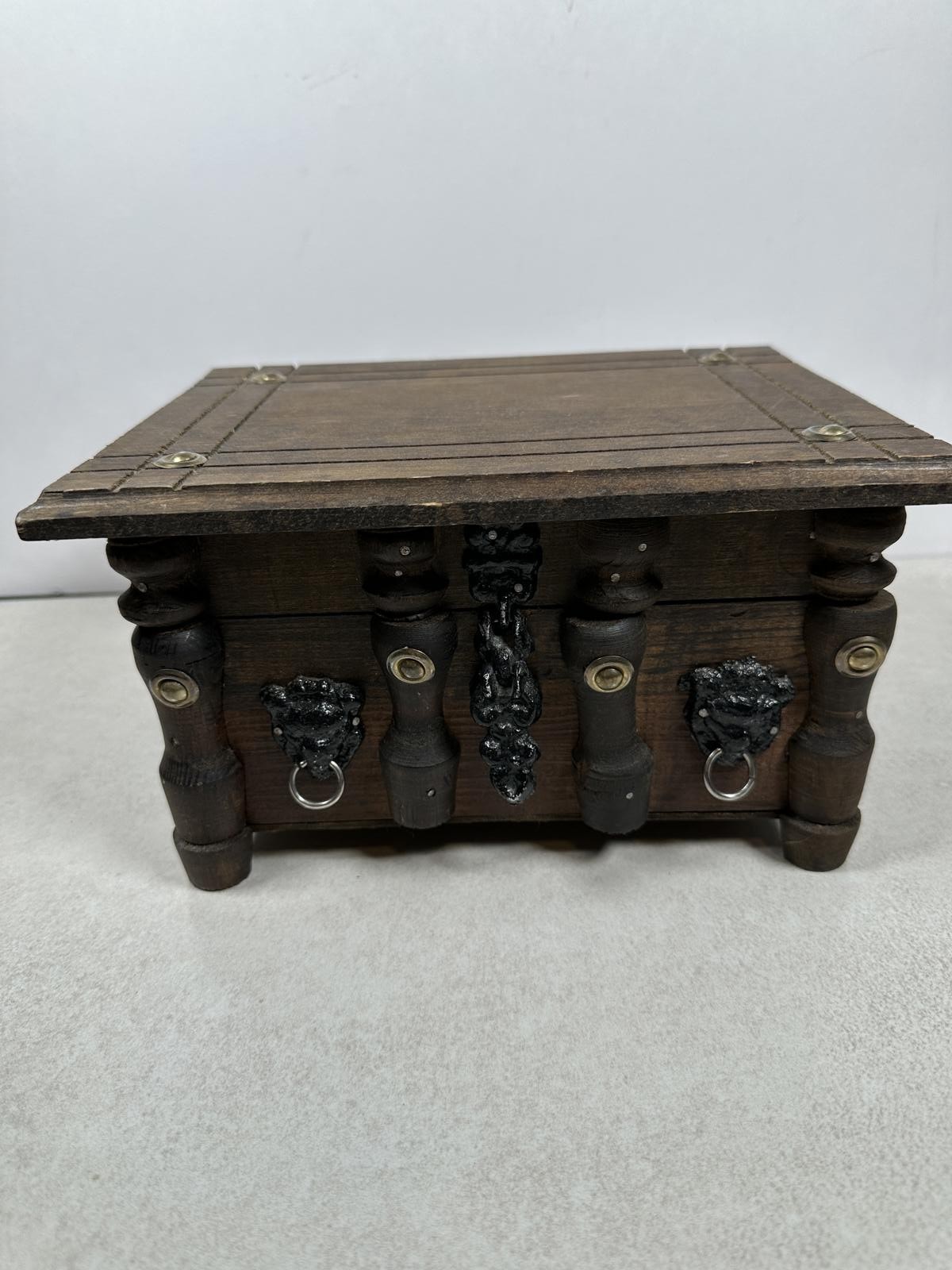 Vintage Wooden Jewelry Box With Lion Pulls Rustic Red Lined 10×7.75