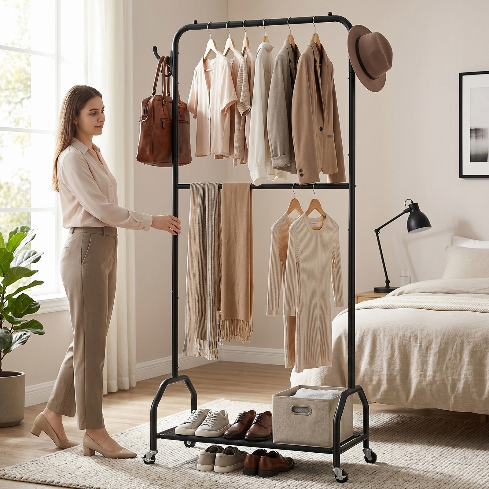 Double Rod Hanging Clothes Rack Oxford Cloth Bottom Shelf Shoe Organizer
