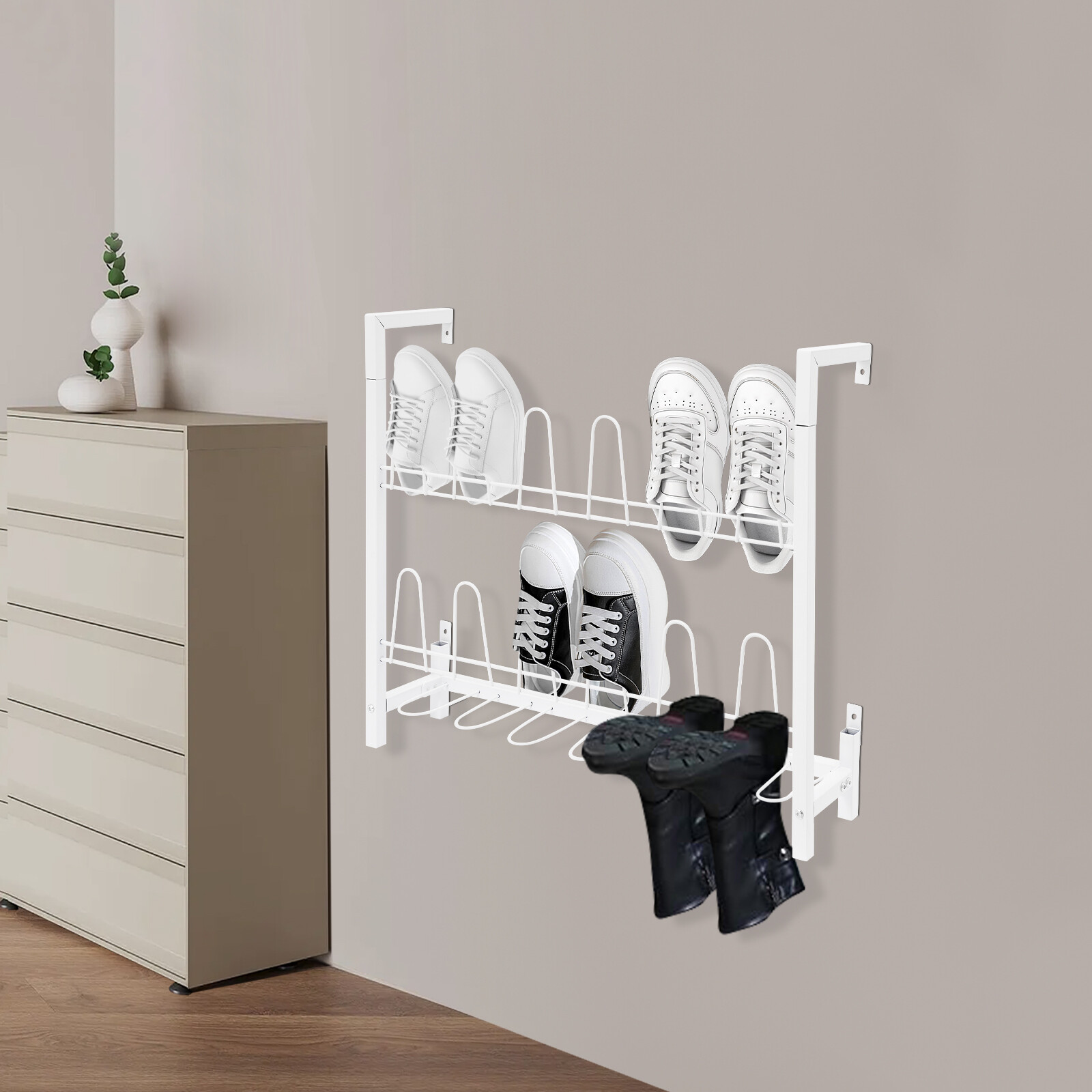 3 Tier Wall Mounted Shoe Rack, White Metal Wire Boot Rack Hanging Shoe Organizer