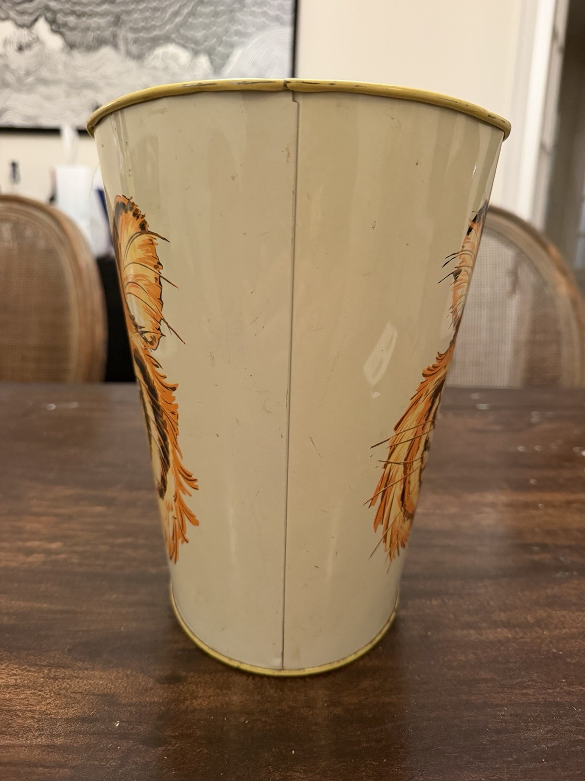 Vintage Cheinco Tiger Metal Wastebasket Trash Can Bin Made in USA Litho Animal