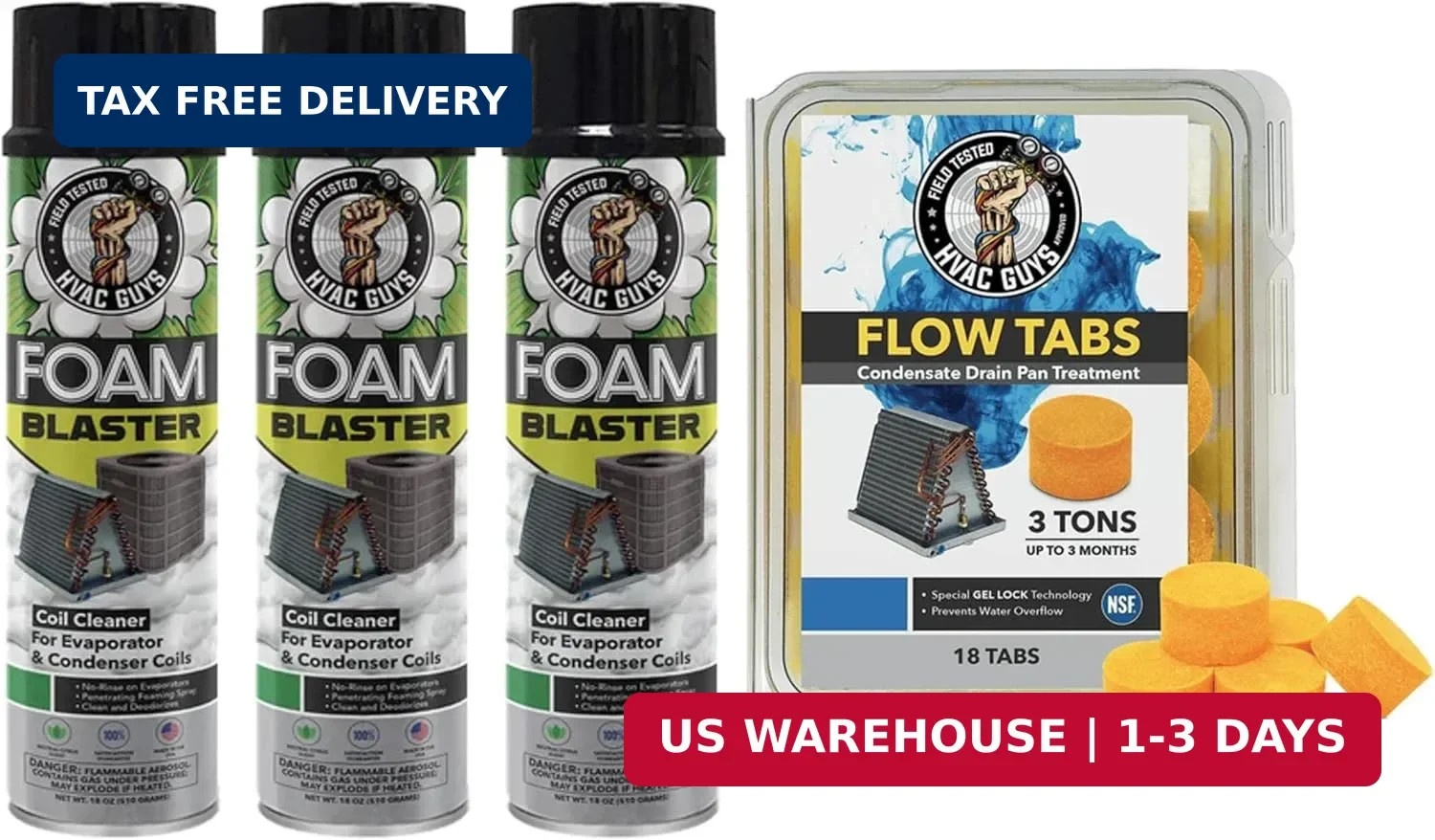 Leak Saver HVAC Guys Foam Blaster AC Coil Cleaner 3PK + Flow Tabs AC Drain Pan T