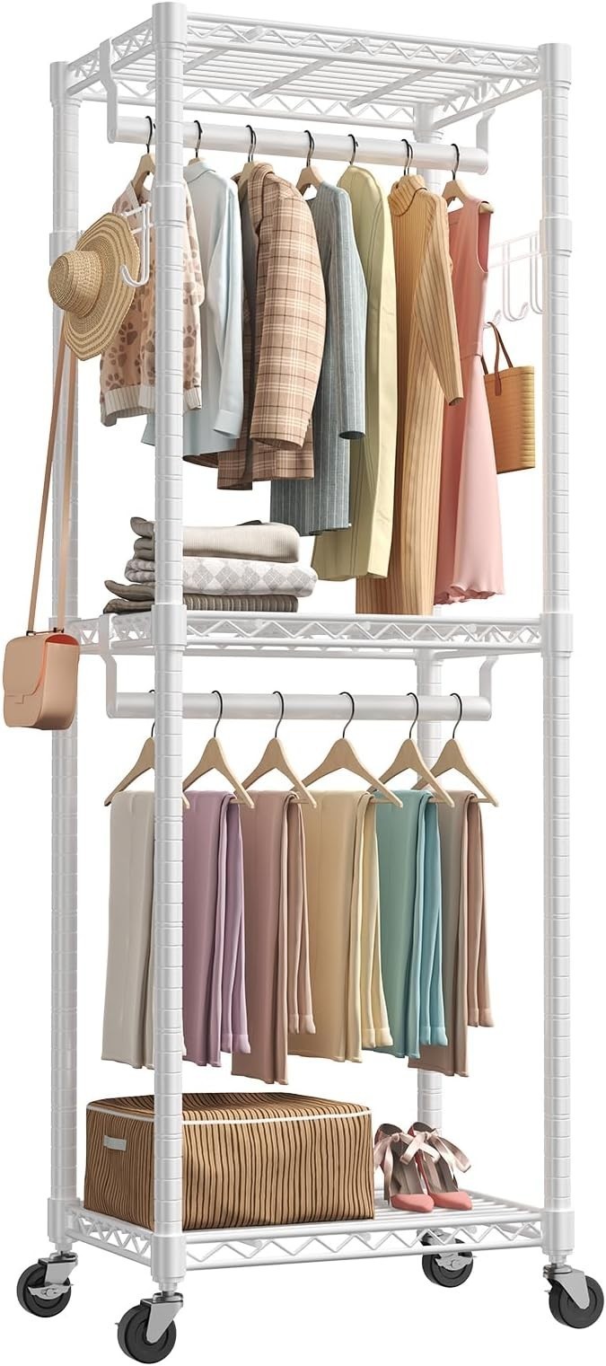 3 Tiers Adjustable Heavy Duty Clothing Rack Double Rods Rolling Wire Shelving