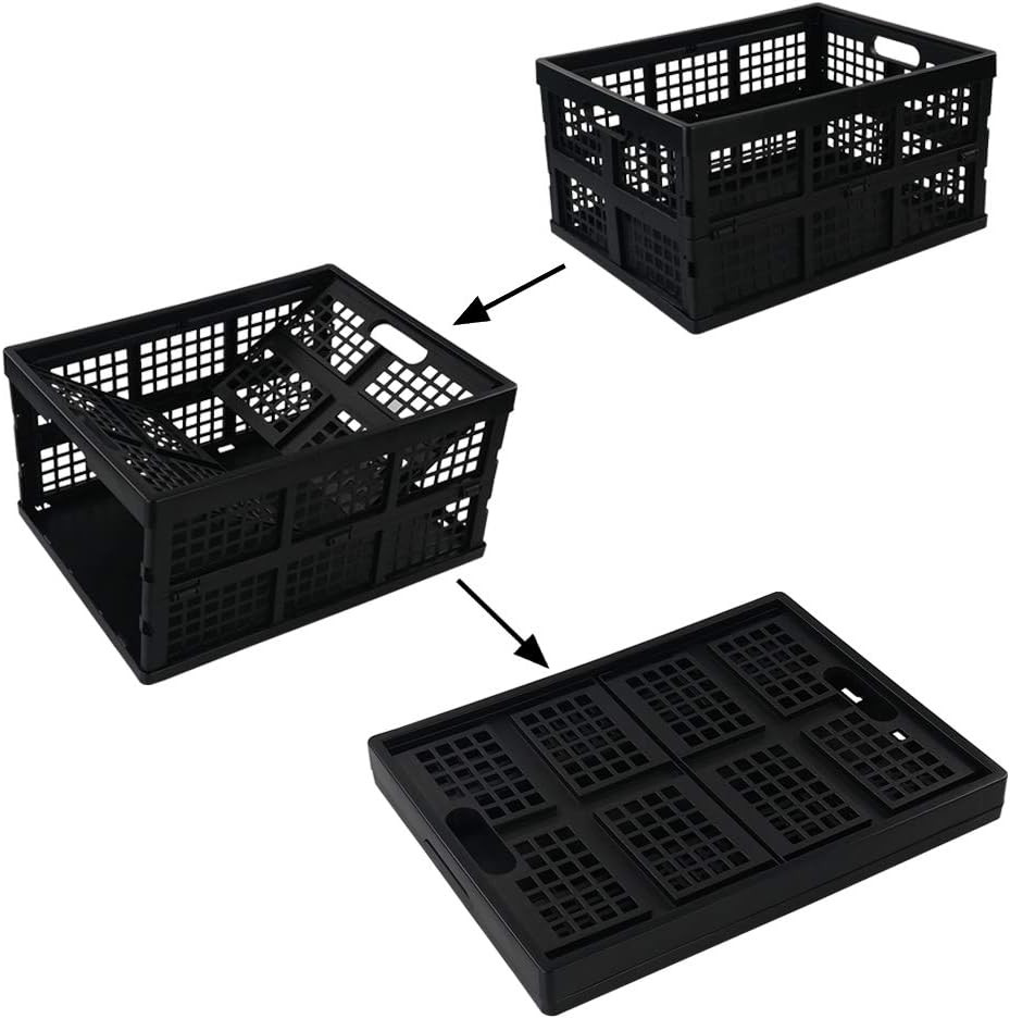 34 L Plastic Rectangular Collapsible Crates, Pack for 3, Black | Folding Crates