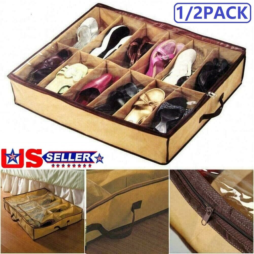 2Pcs 12 Pairs Under Bed Shoe Storage Organizer Holder Closet Box Bag with Zipper