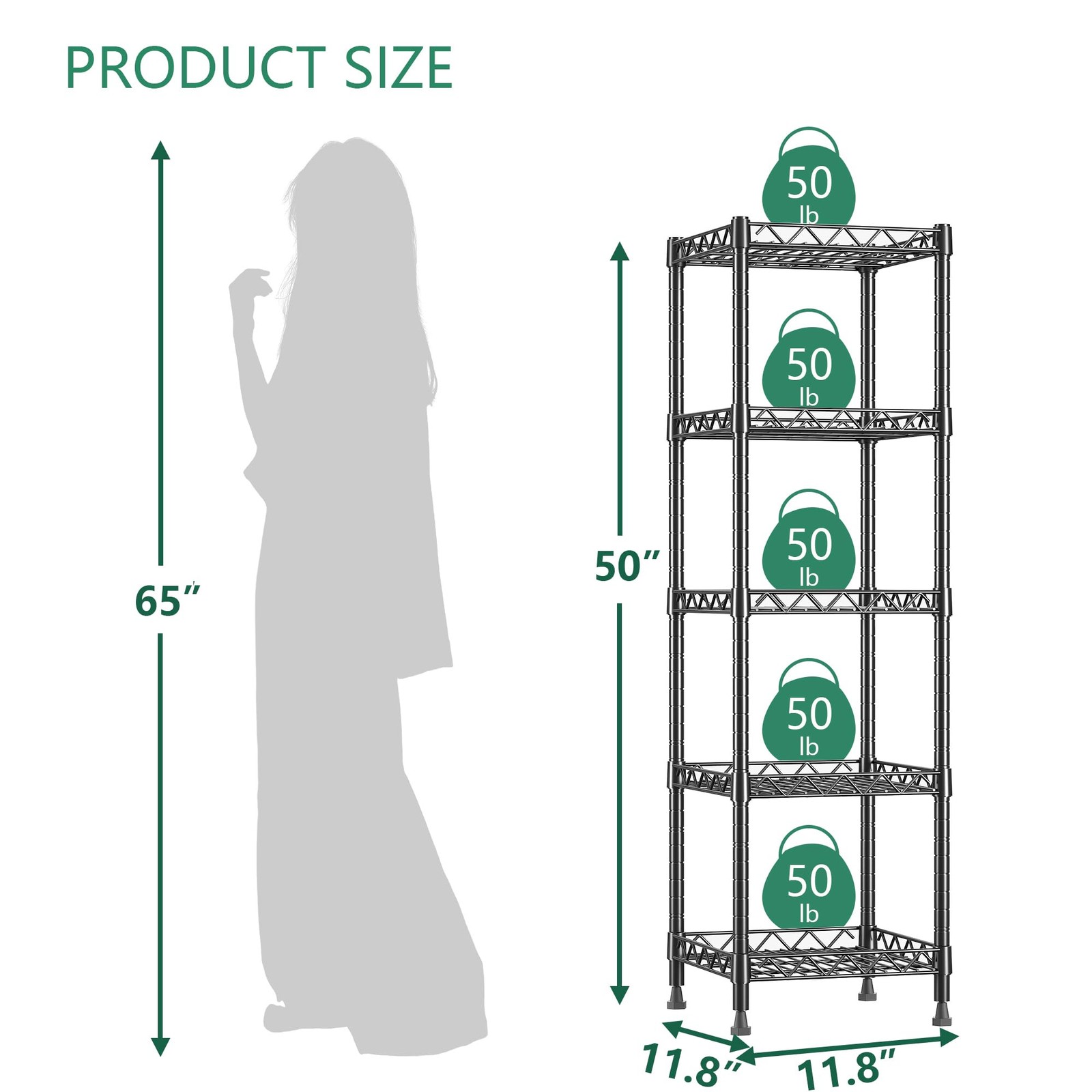 GIOTORENT 5 Tier Standing Shelving Metal 11.8D x 11.8W x 50.0H (5Tier), Black