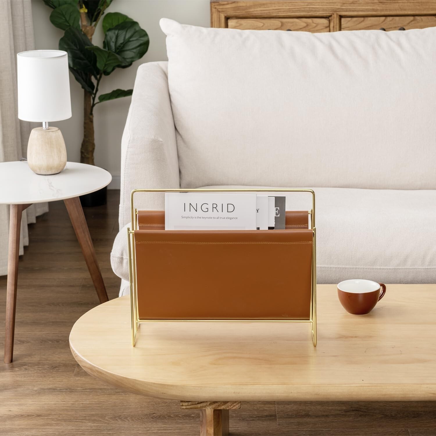 15 inch Caramel Leatherette Magazine Holder, Floor Standing Sling Style Rack