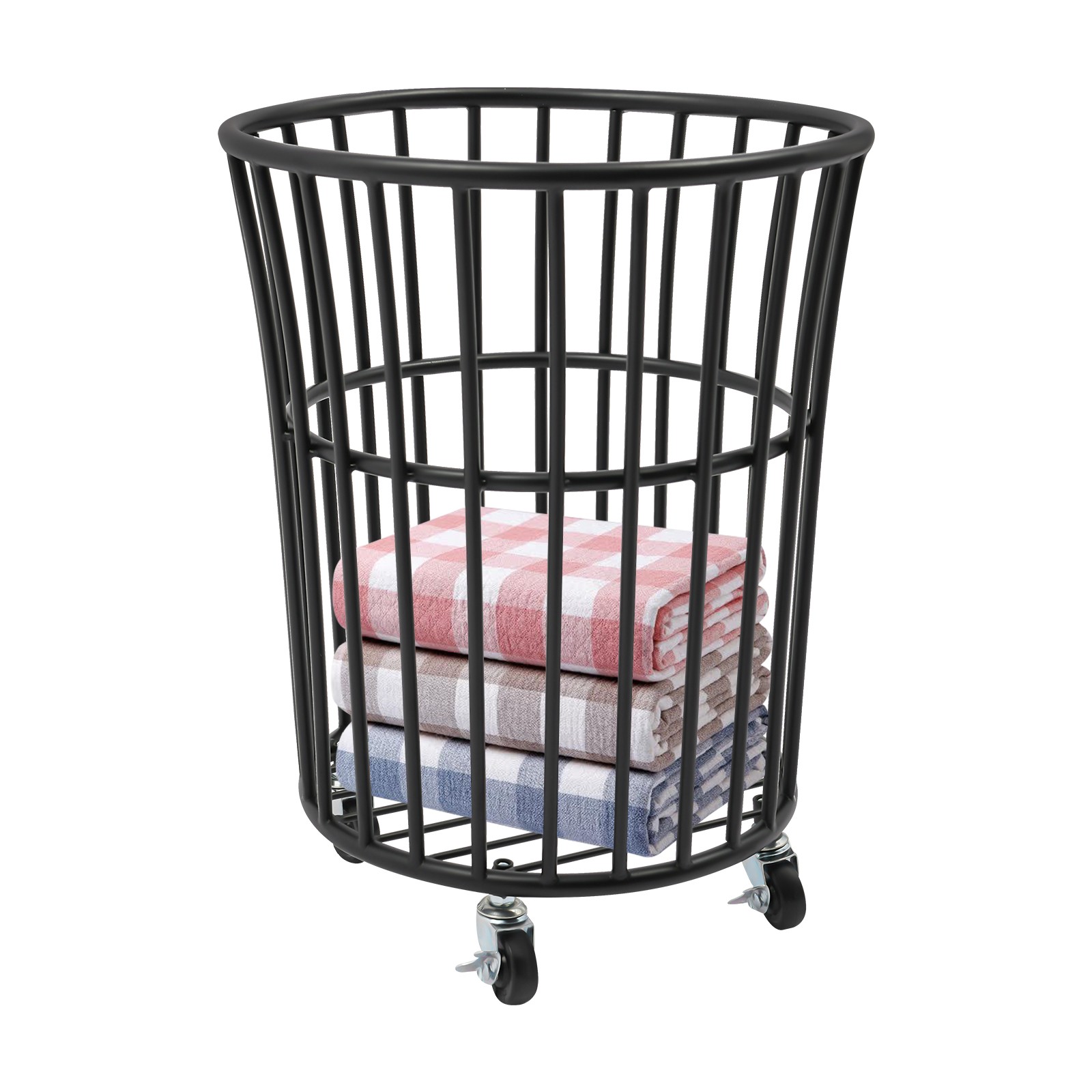 Black Metal Laundry Basket with 4 Wheels,36*40cm Round Barrel Laundry Basket
