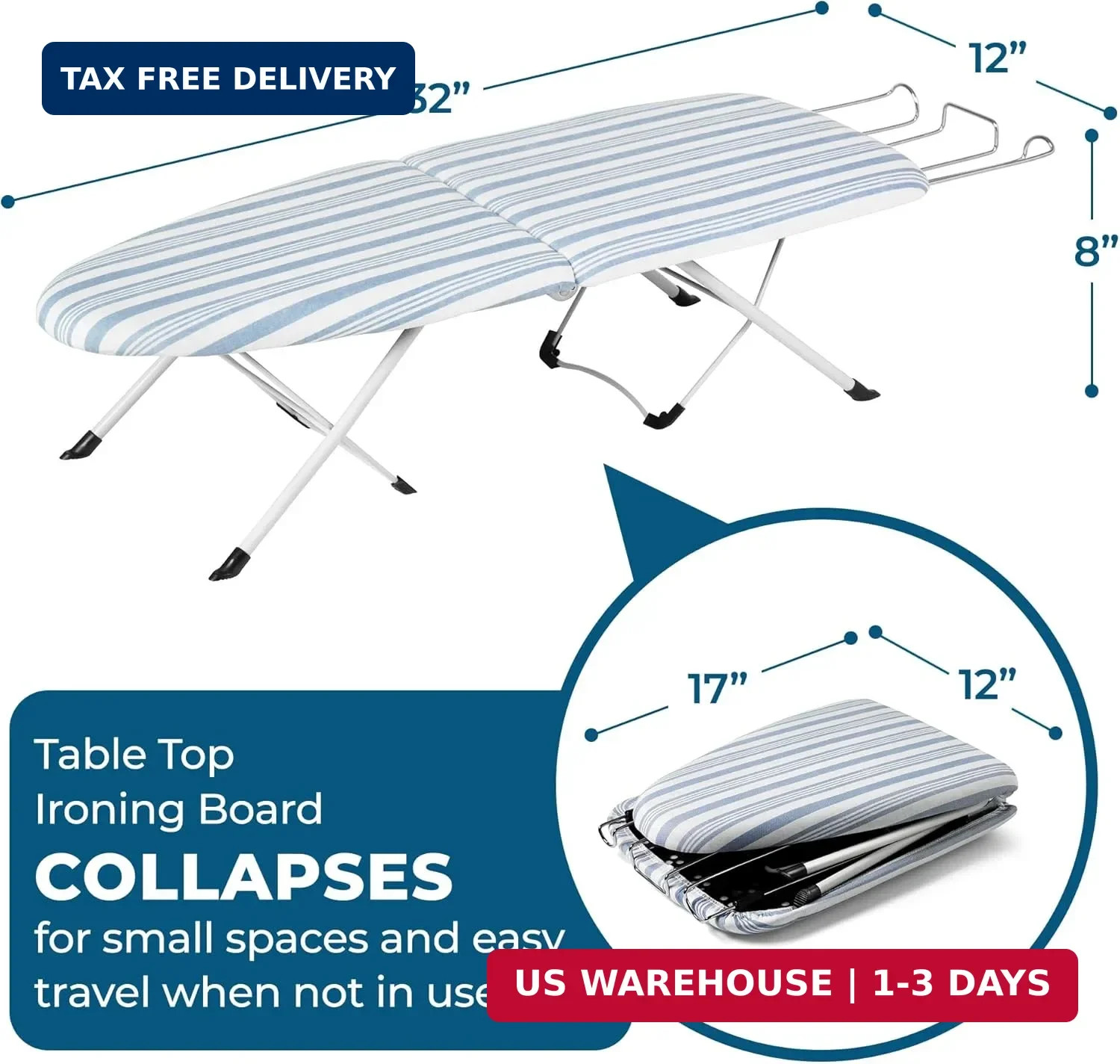 Folding Tabletop Ironing Board with Iron Rest, Blue, 32” L X 12” W, Steel Frame