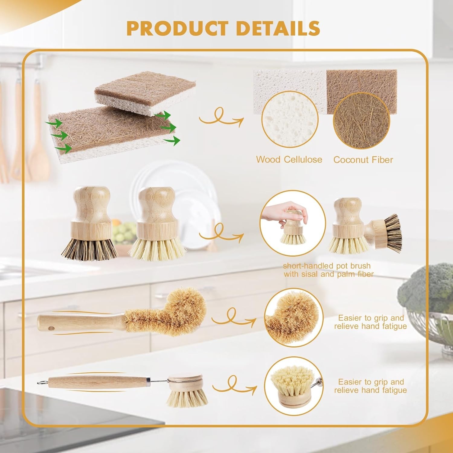6pc Bamboo Dish Brush Set | Coconut Sponge | Natural Kitchen Cleaning Tools