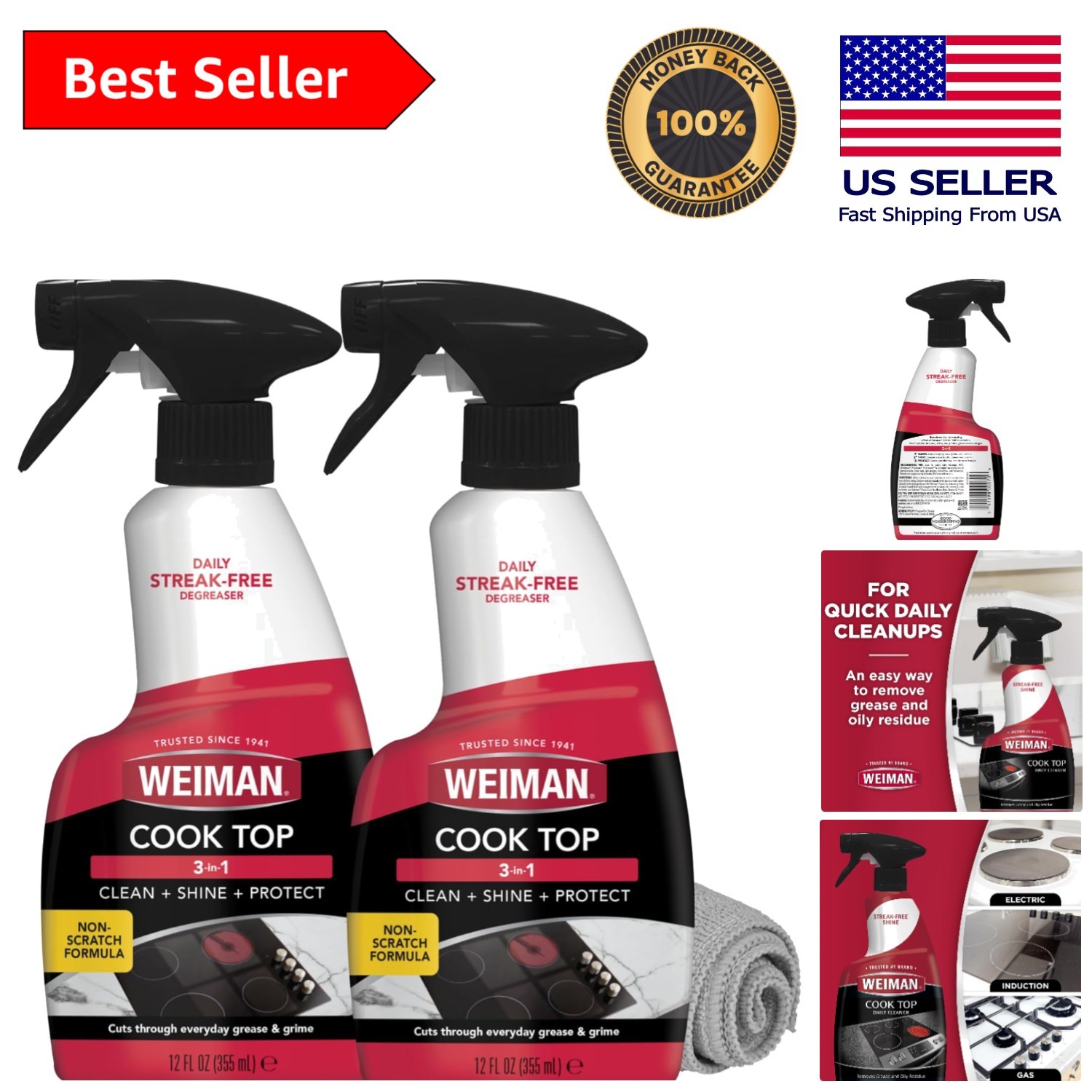 Effortless Grease Removal! 2-Pack Streak-Free Cooktop Cleaning Spray & Cloth