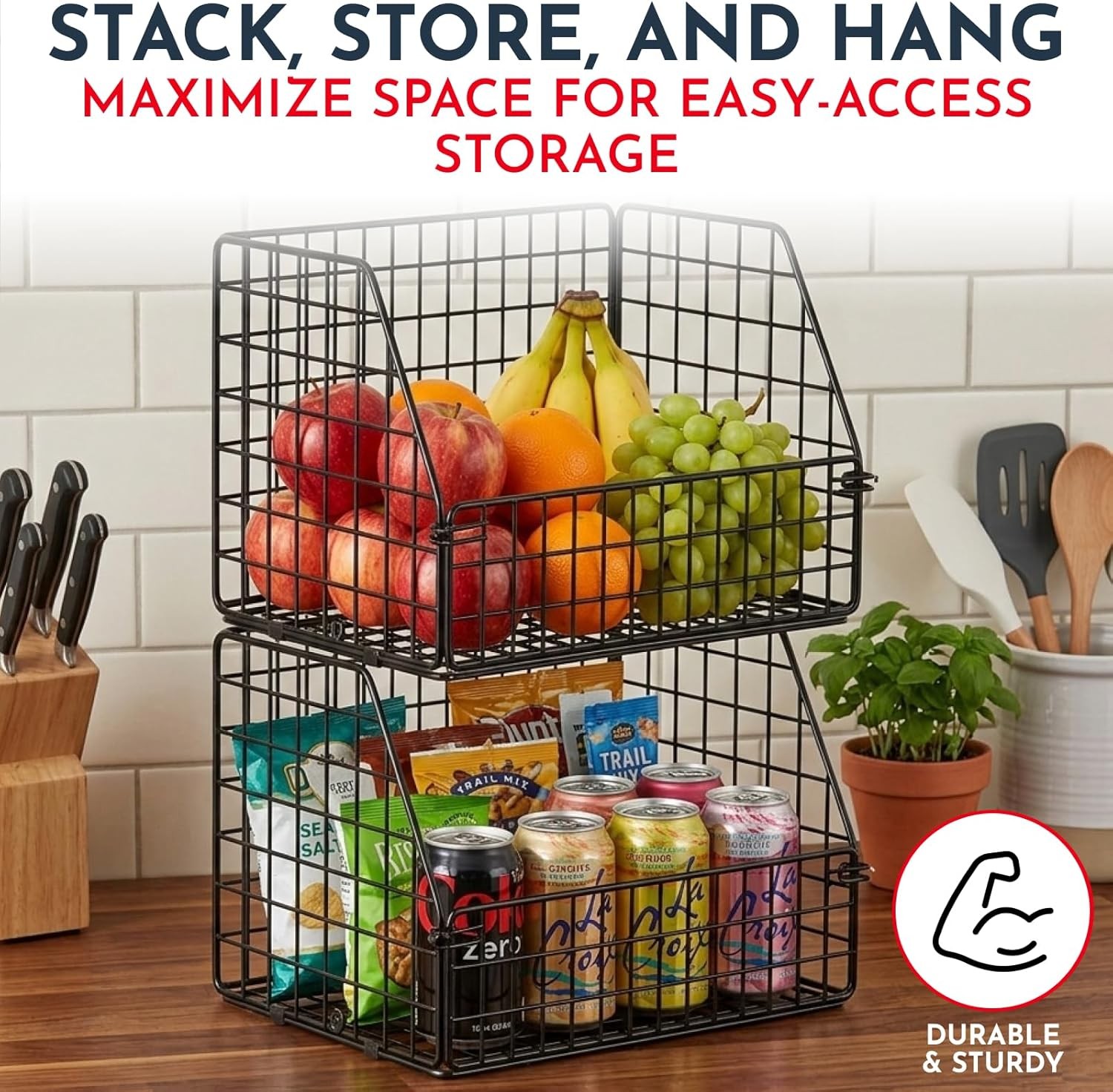 3-Tier Wall Hanging Fruit Baskets for Kitchen Organizing Fruits and Vegetables,