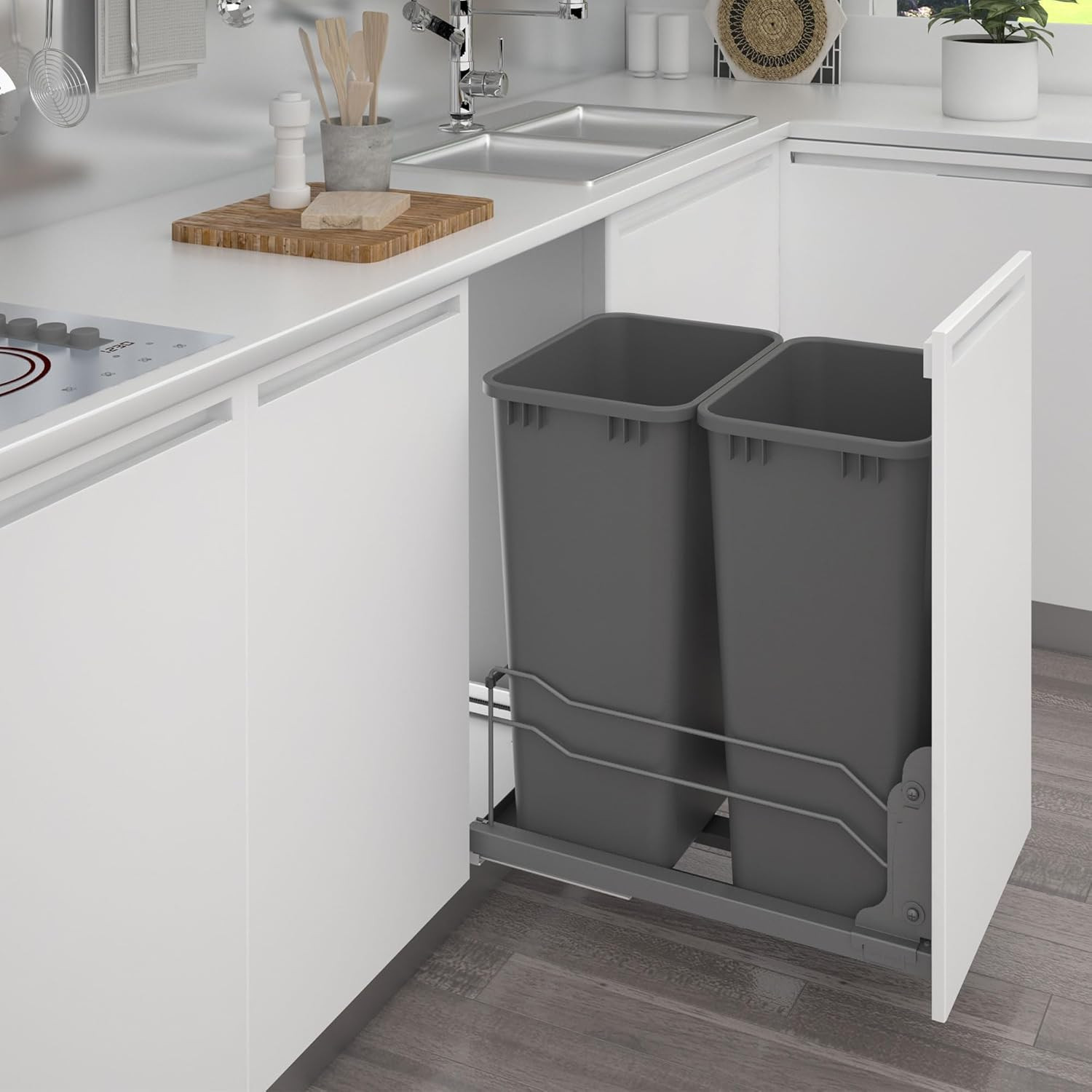 Dual Pullout Trash Cans for Kitchen Cabinet – 50 Quart, Soft-Close, Orion Gray