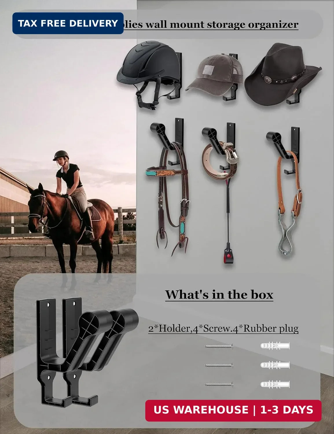 Universal Helmet Wall Mount Organizer, Black, 2 Pack | Helmet Rack for Display,