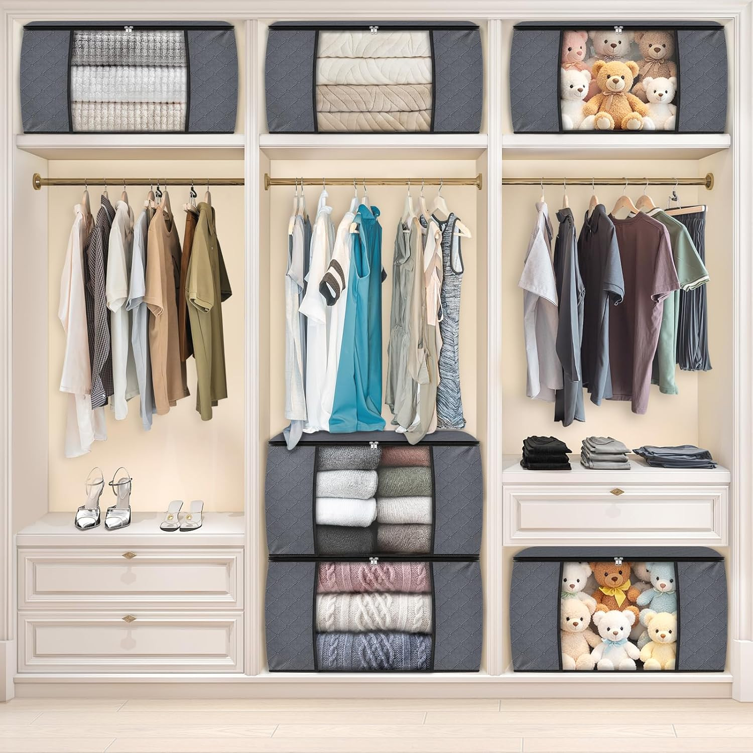 6 Pack Storage Bags for Clothes Blanket Storage Bins with Lids | Foldable Closet