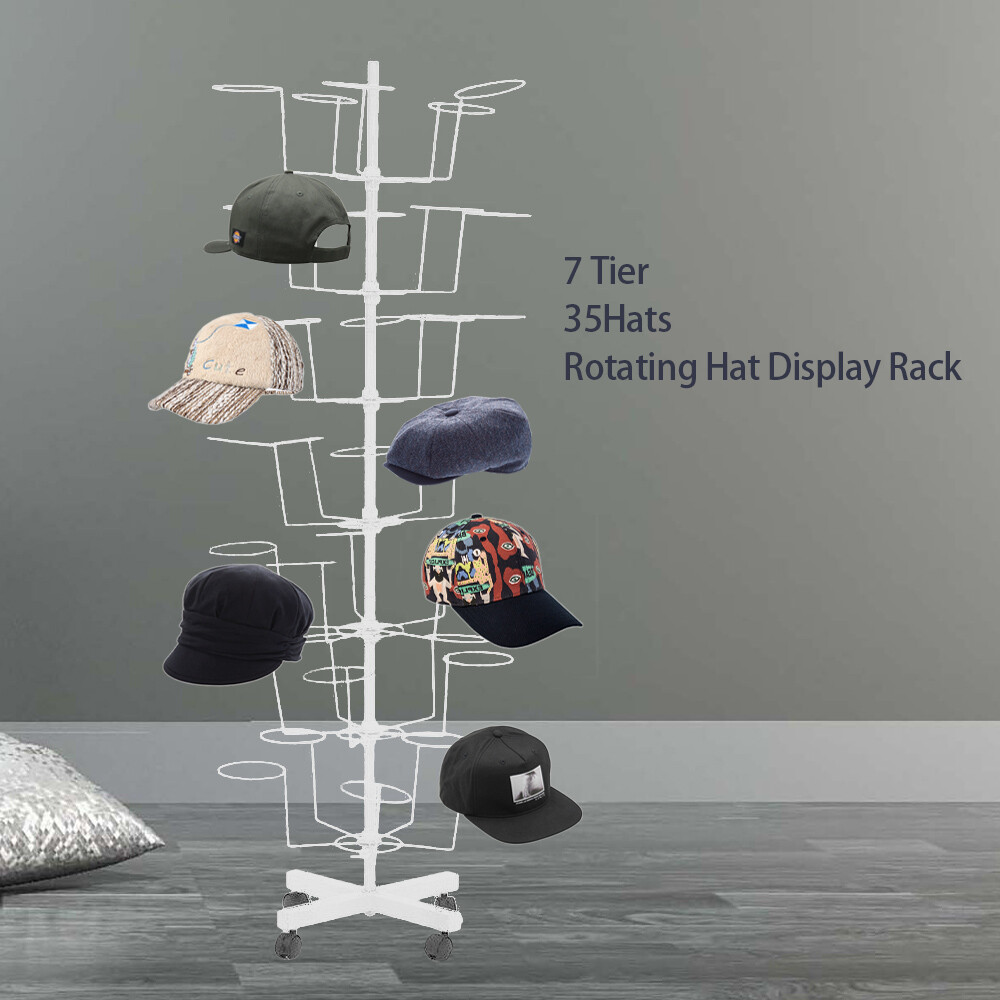 7 Tier Rotating Hat Display Rack Free Standing Metal Floor Caps Headwear Stand