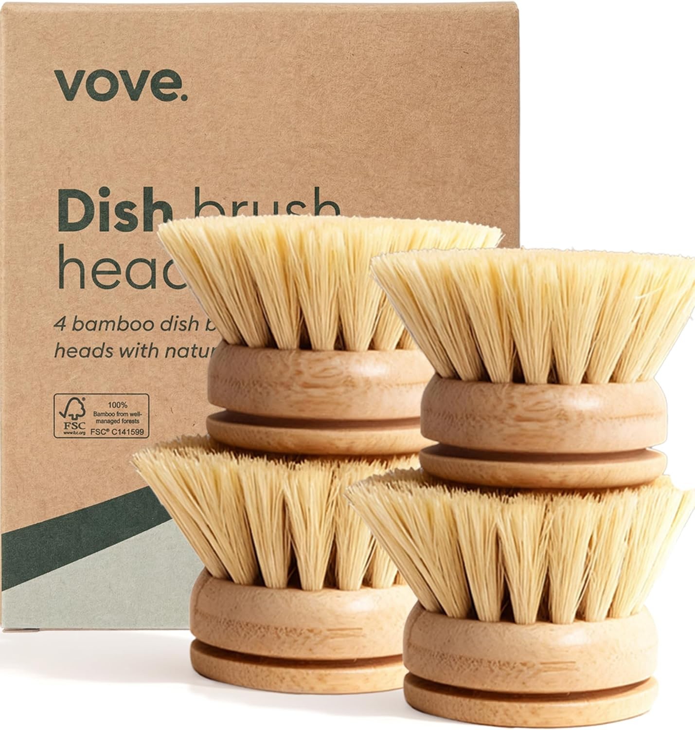Bamboo Dish Brush Replacement Heads 4-Pack, Refill Heads with Natural Fiber
