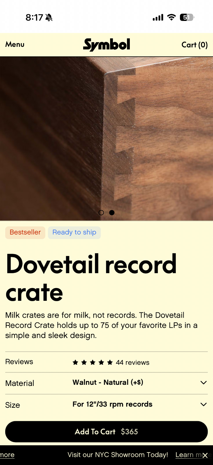 Record LP Crate, Storage Box, Solid Walnut, Dovetail Joinery, Symbol Audio