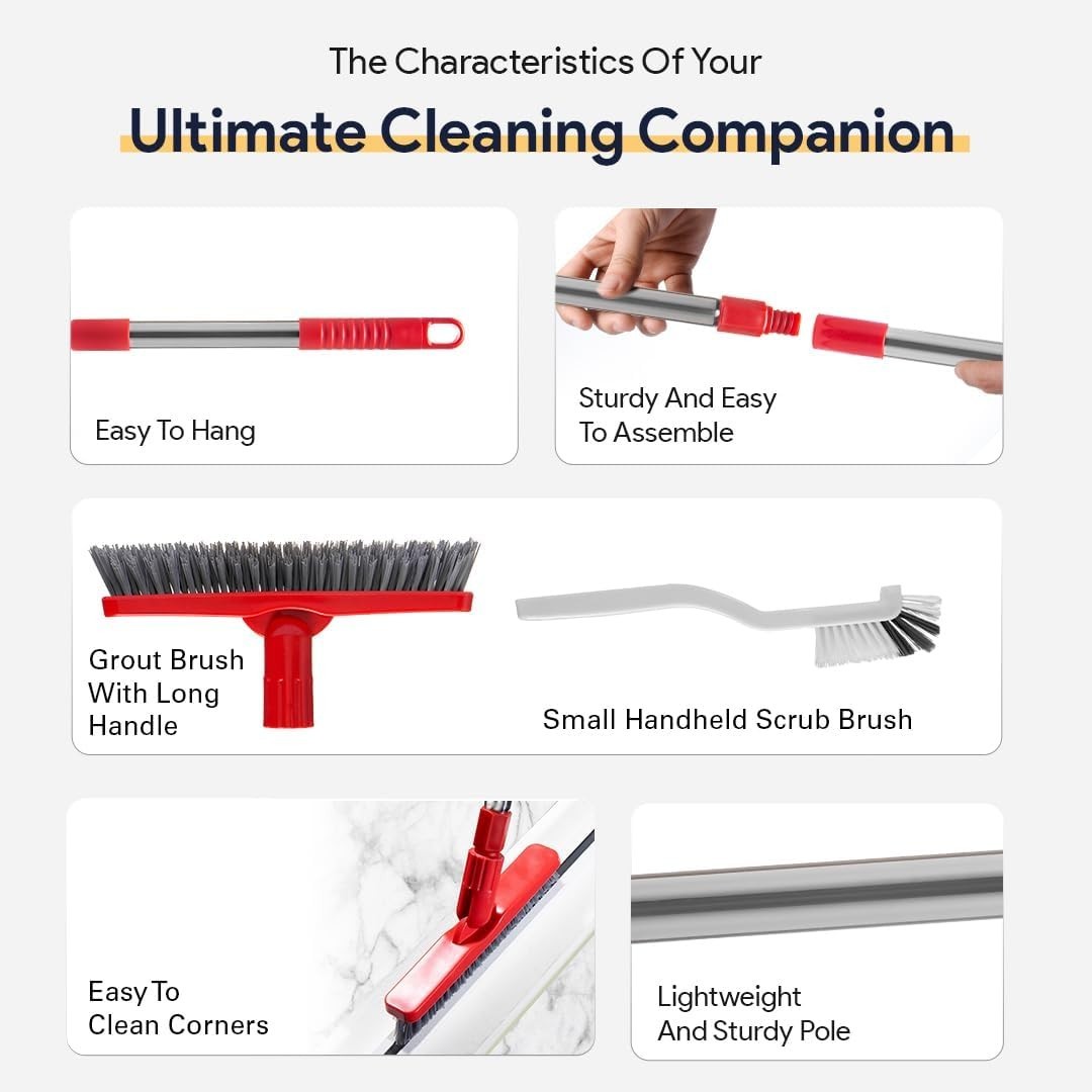 Living Grout Brush with Long Handle & Handheld Stiff Bristle Scrubber, V-Shap…