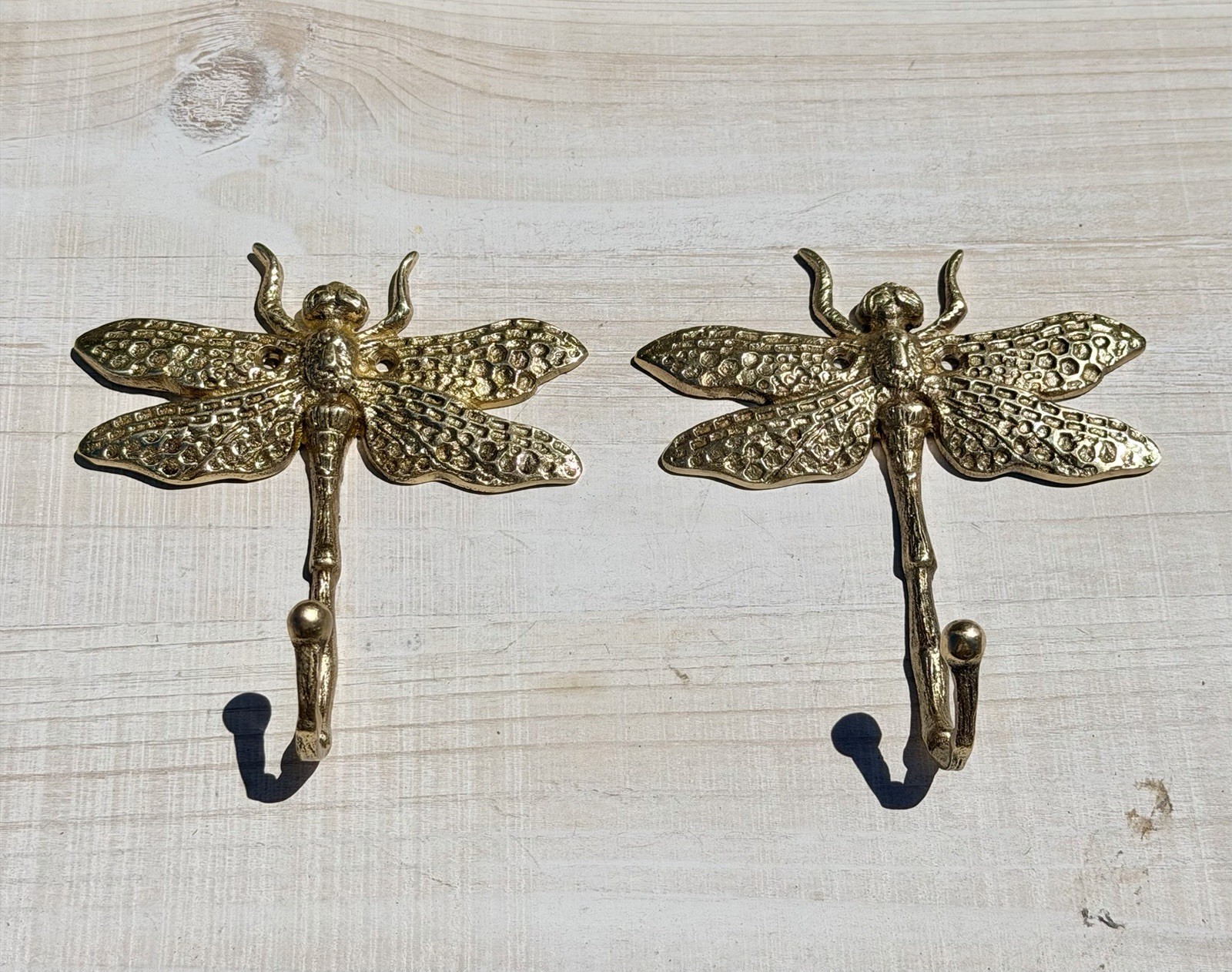 Gold Metal Wall Hook Dragonfly Polished Finish Set of 2 Art Nouveau Wall Mounted