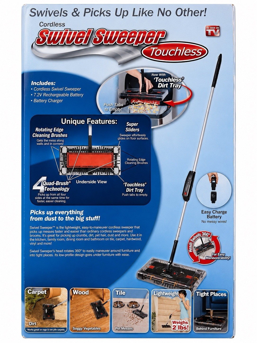 NEW Cordless Swivel Sweeper As Seen on TV Rechargeable 7.2 Volts Ontel