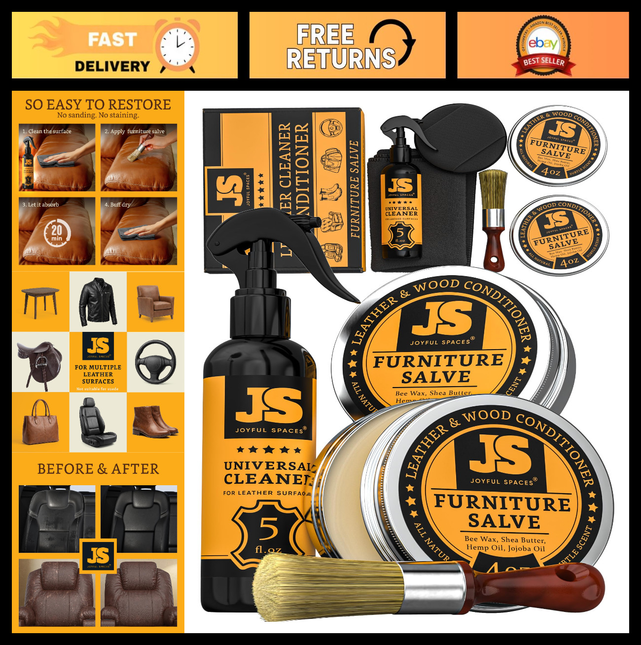 Leather Cleaner & Conditioner, Repair Kit, Shoe Polish, Wood Restorer, 8 oz