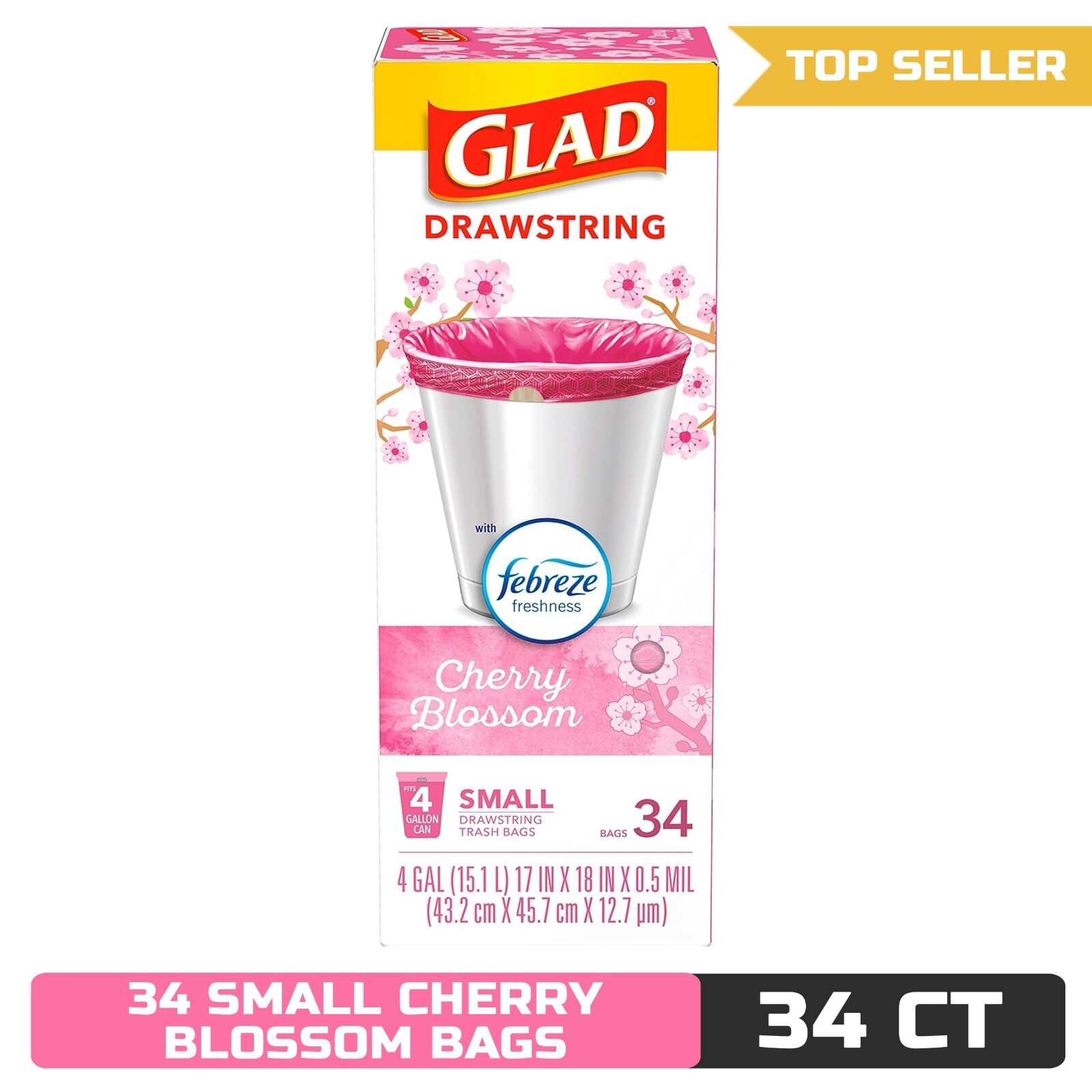 Glad OdorShield Small Drawstring Trash Bags, 4 Gallon, 34 Count – Febreze Cherry
