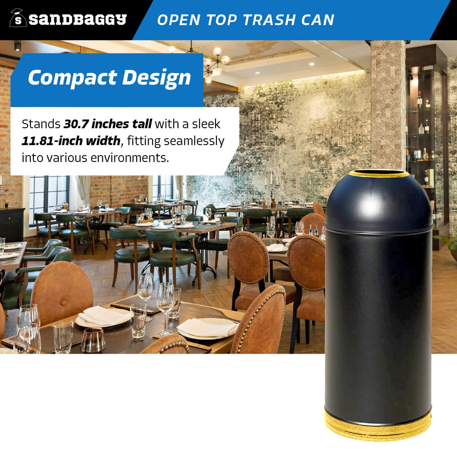 Sandbaggy 15-Gallon Black Open Top Dome Steel Trash Can with Lid (31″ x 12″)