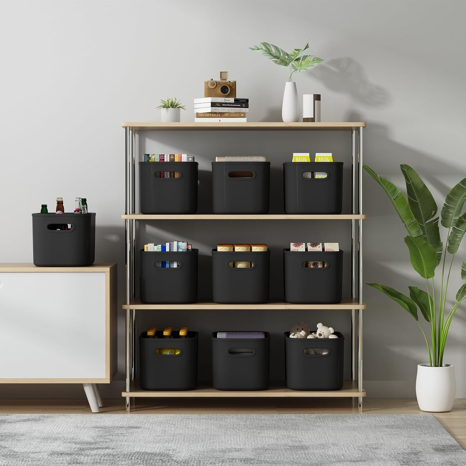 Stackable 6 Pack Black Storage Containers with Flip Top Lids for Versatile Use
