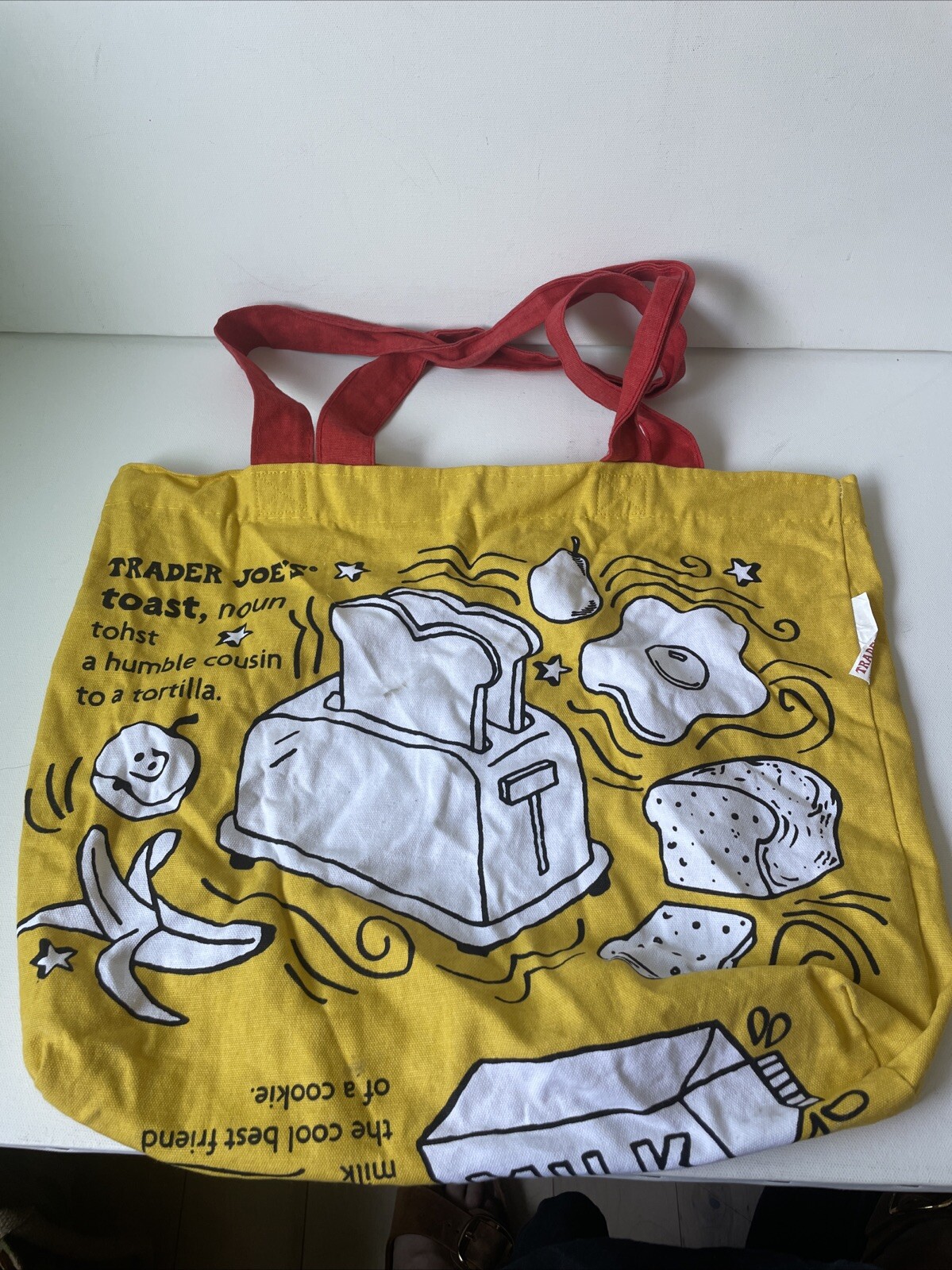 Trader Joe’s Reusable Tote Bag Grocery Shopping Waffle Toast Cotton Yellow Red