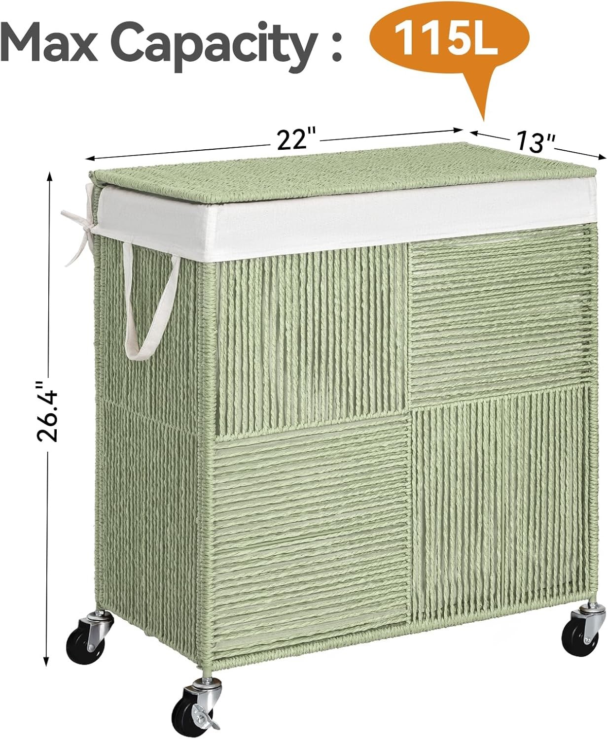 Double Laundry Hamper Lid Handwoven Rolling Laundry Basket W/ Wheels 115L