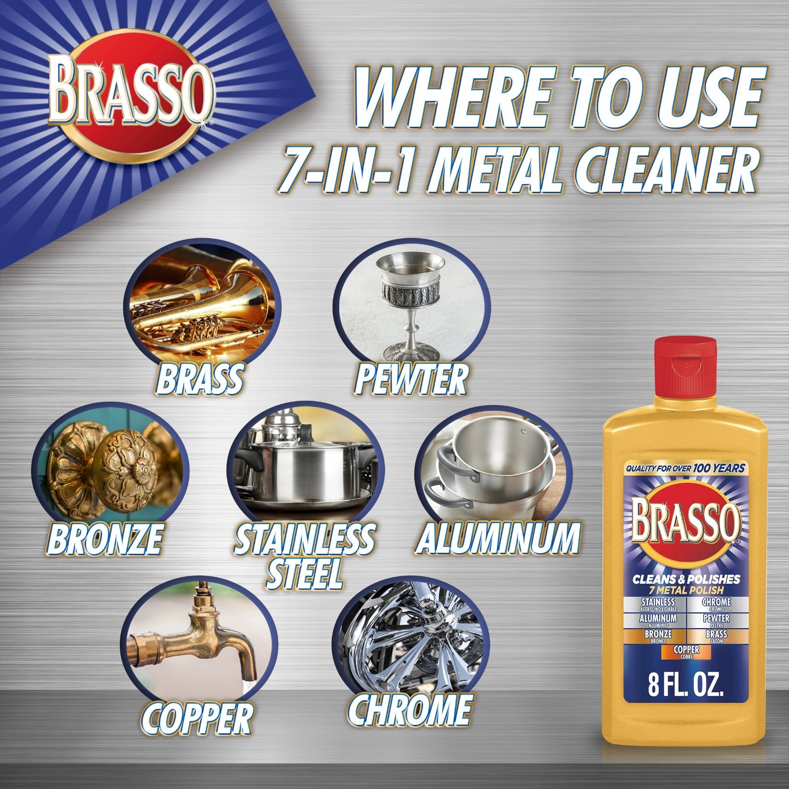 Brasso Multi-Purpose Metal Polish 8 oz Brass Copper Chrome Cleaner