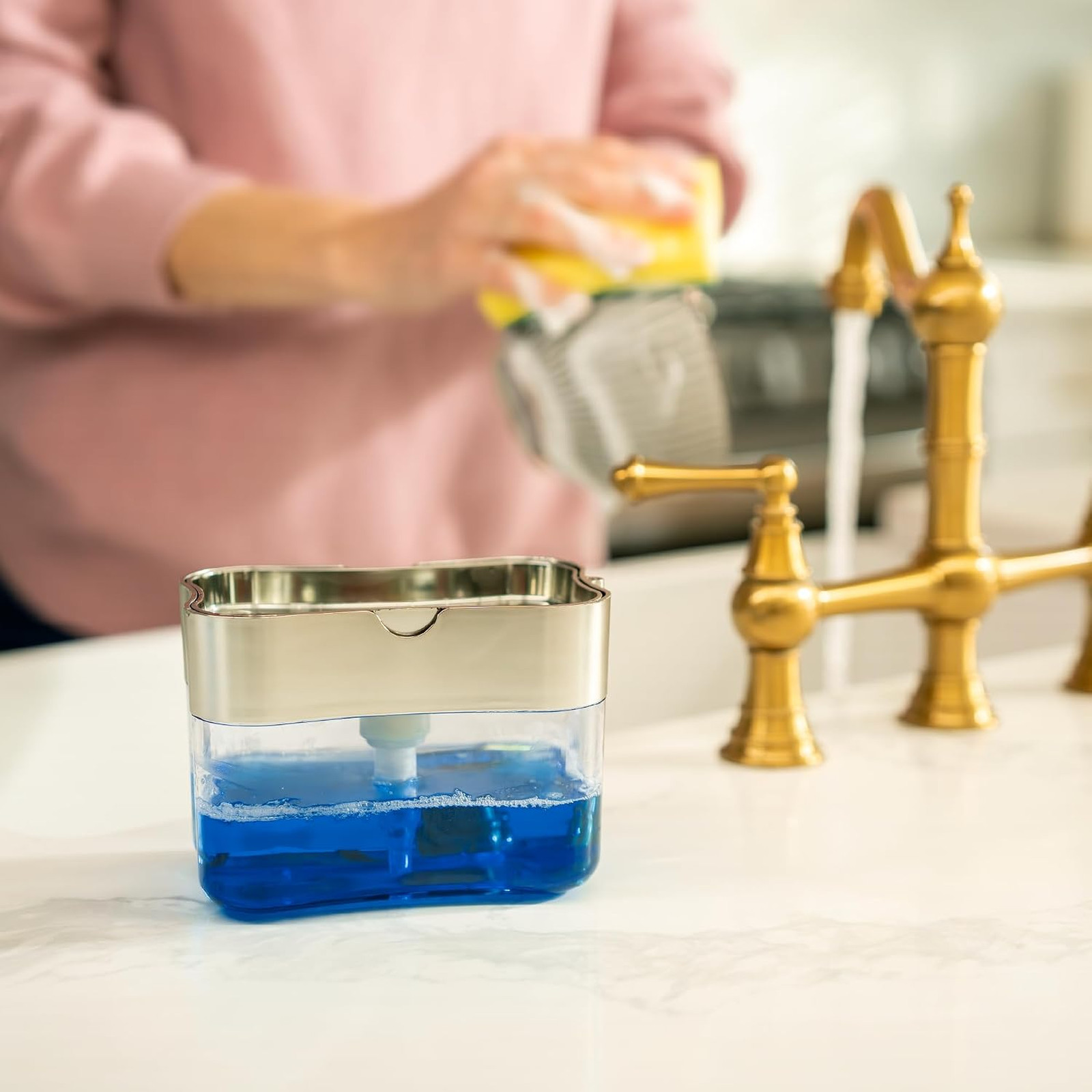 Dish Soap Dispenser and Sponge Holder, Metallic Silver | Holds 13 Fluid Ounces