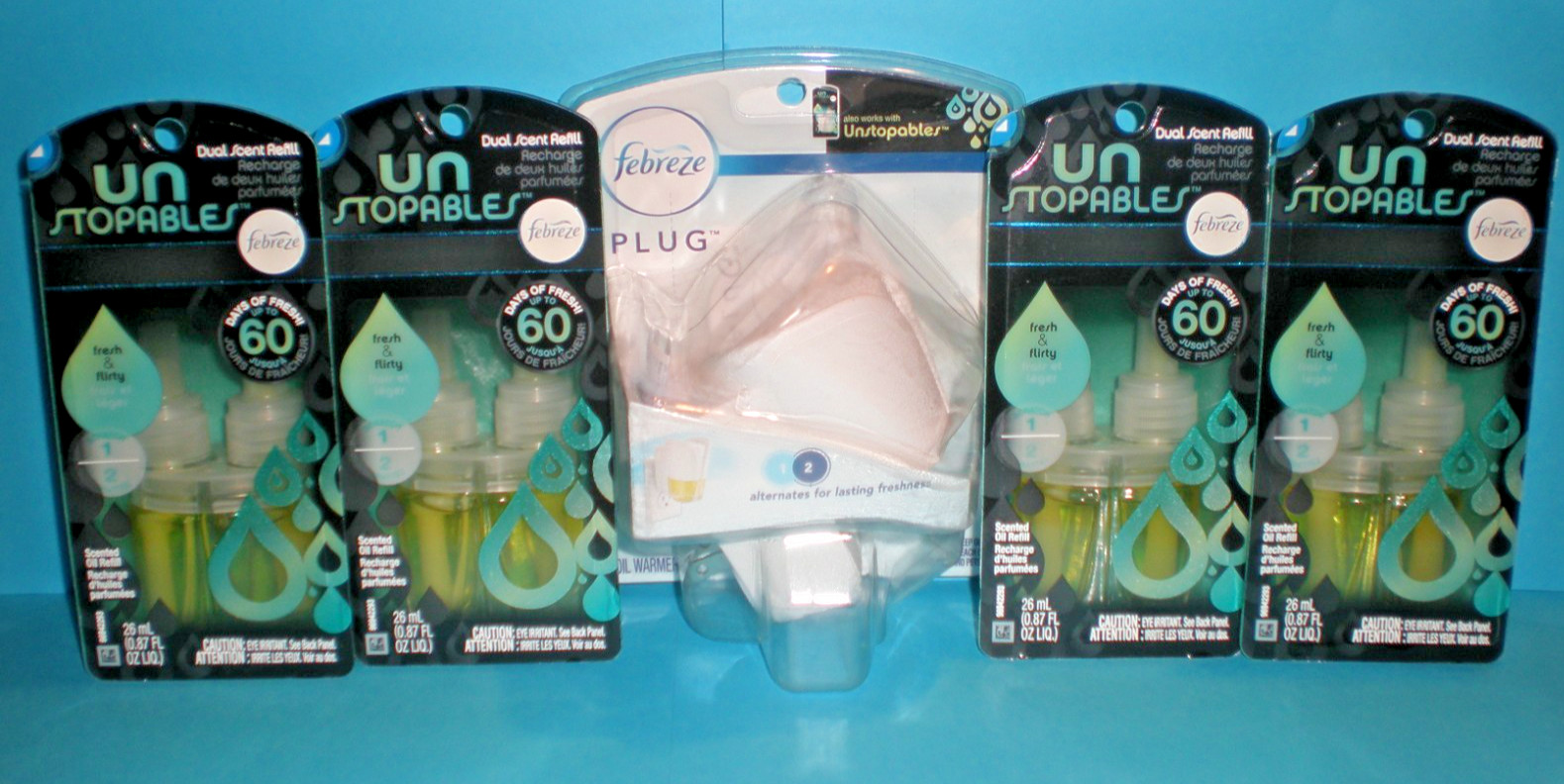 4 FEBREZE UNSTOPABLES dual Scented Oil Plug Refills FRESH & FLIRTY