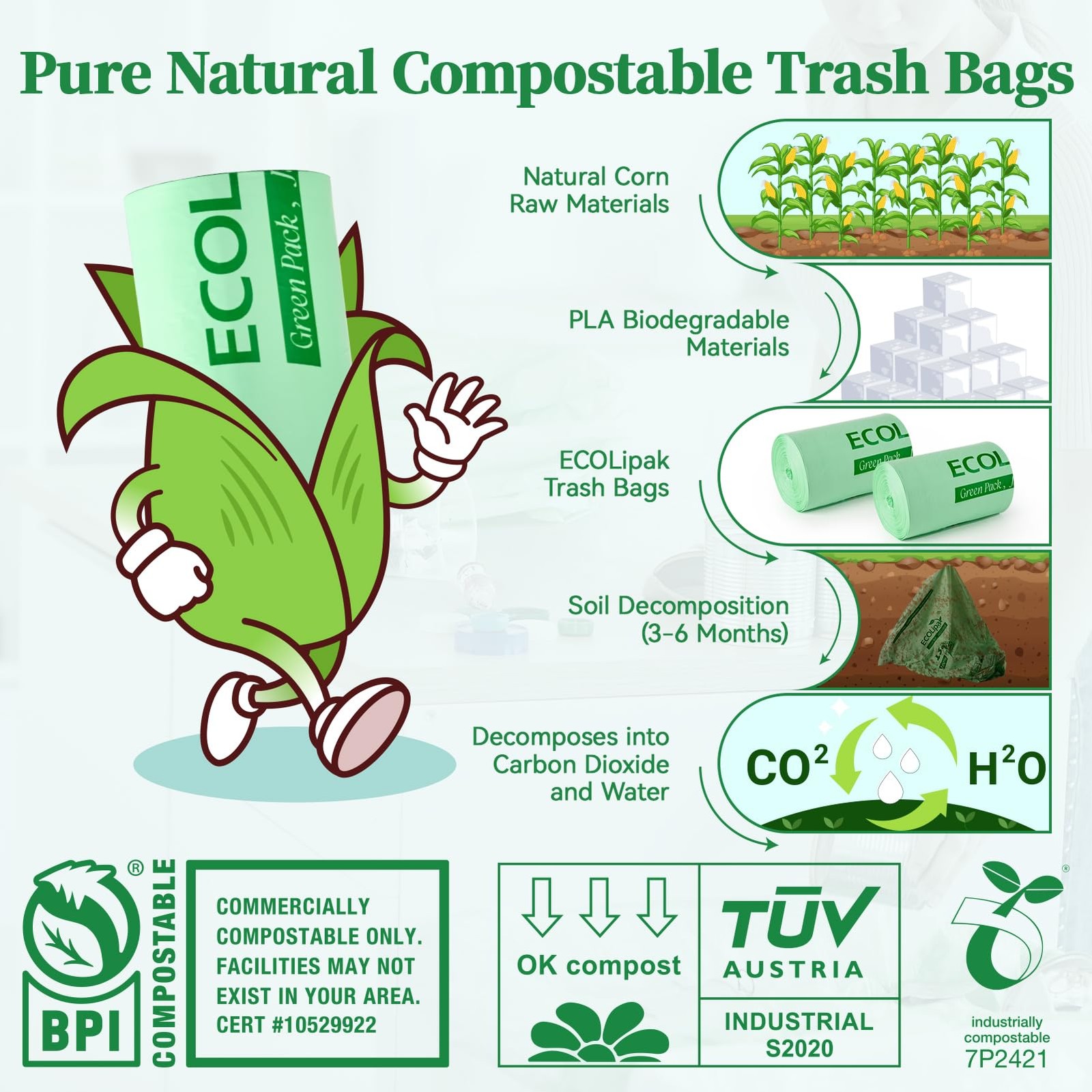 ECOLipak 13 Gallon Compostable Trash 1 Count (Pack of 50), 13gallon-50count